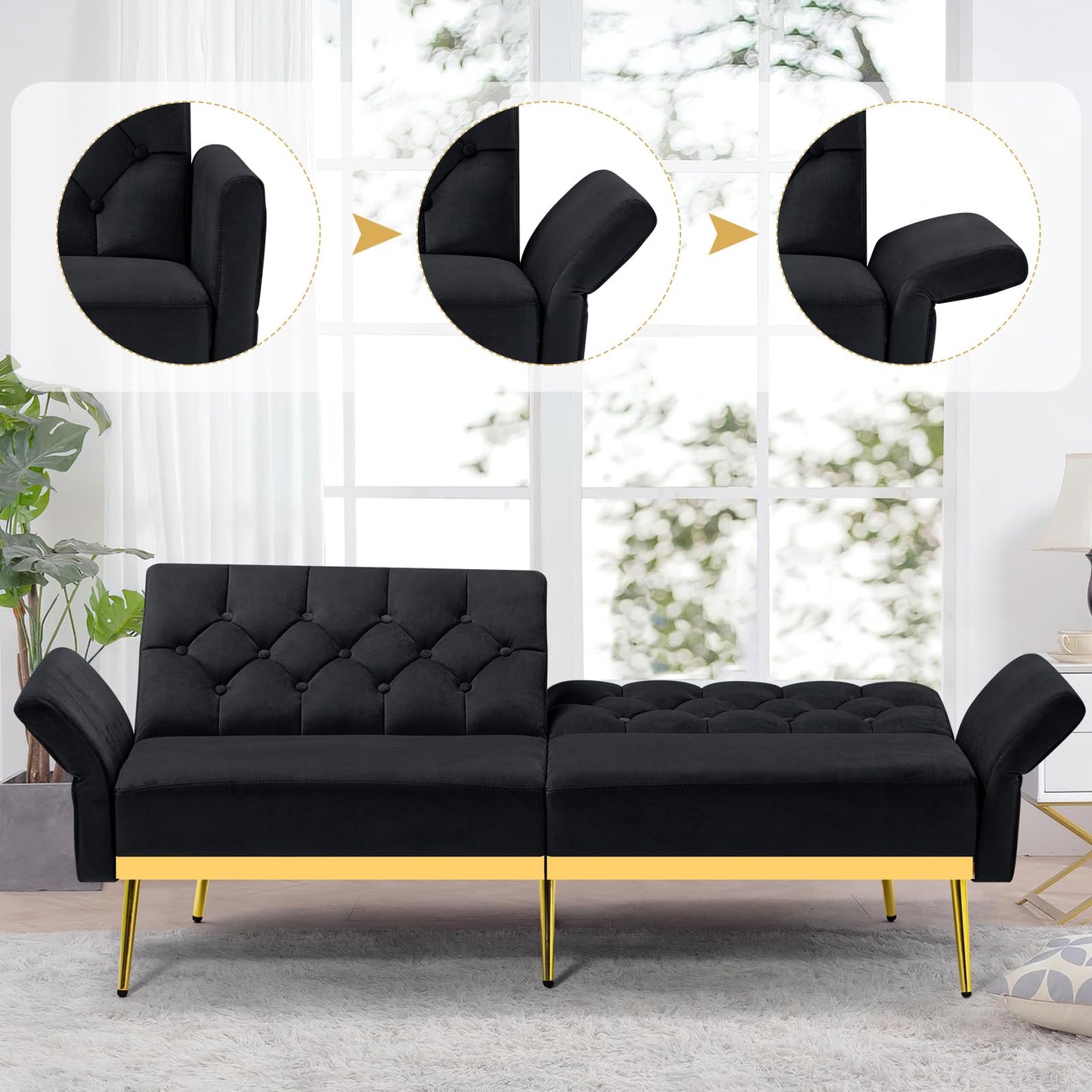 Velvet Sofa Bed w/Adjustable Armrests and Backrests, Modern Convertible Sleeper Sofa, Tufted Futon Sofa for Bedroom, Living Room, Apartment, Orange