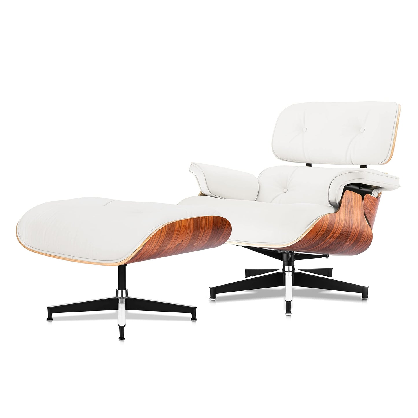 Top Black Grain Leather, Mid Century Chaise Lounge Chair and Ottoman, Modern Chair Classic Design, Walnut Wood, Heavy Duty Base Support for Living Room Office