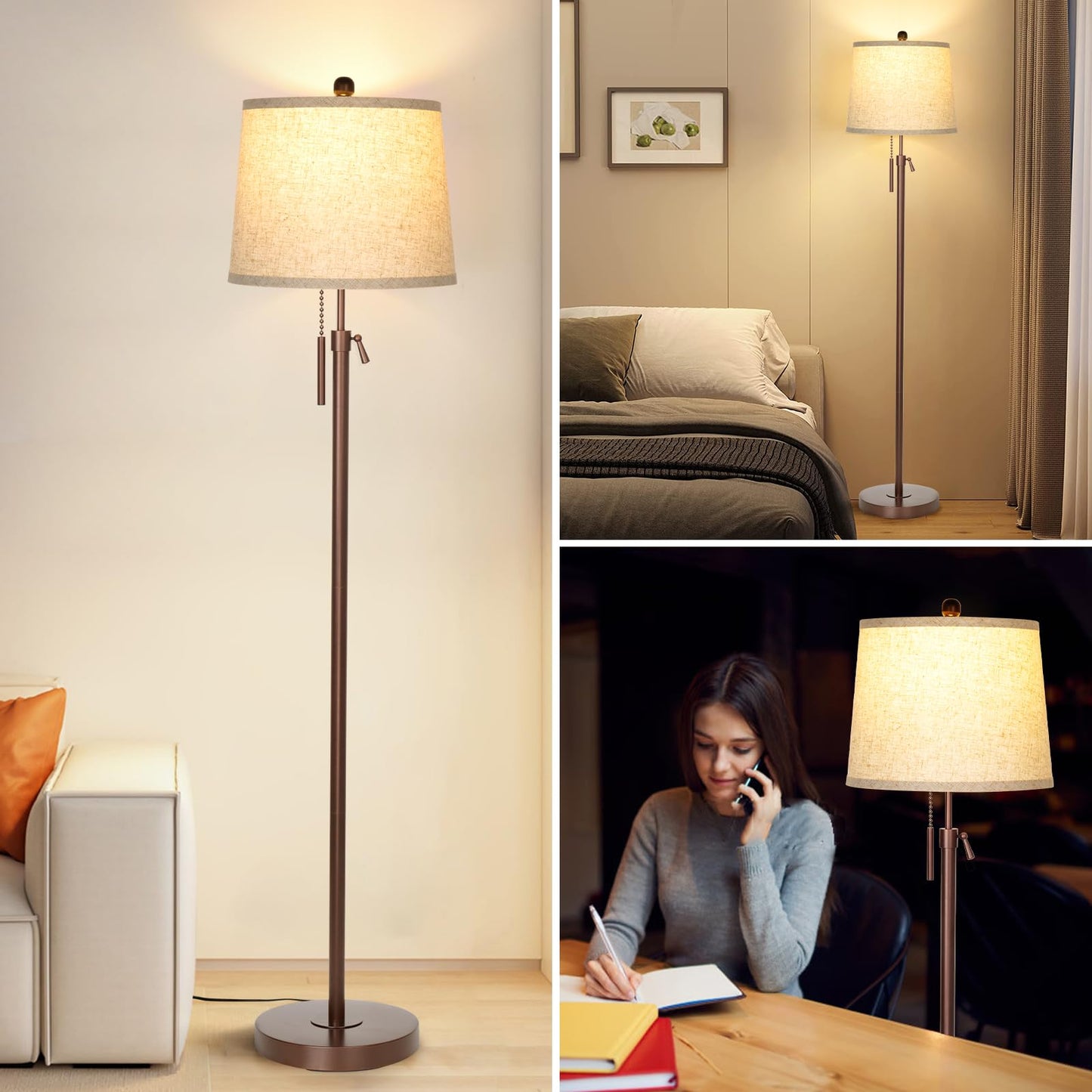 Floor Lamp for Living Room,Adjustable Height Standing Lamp,Dimmable Modern Floor Lamps for Bedroom Office Tall Floor Lights with Pull Chain Bulb Included-Silver Gray Shade