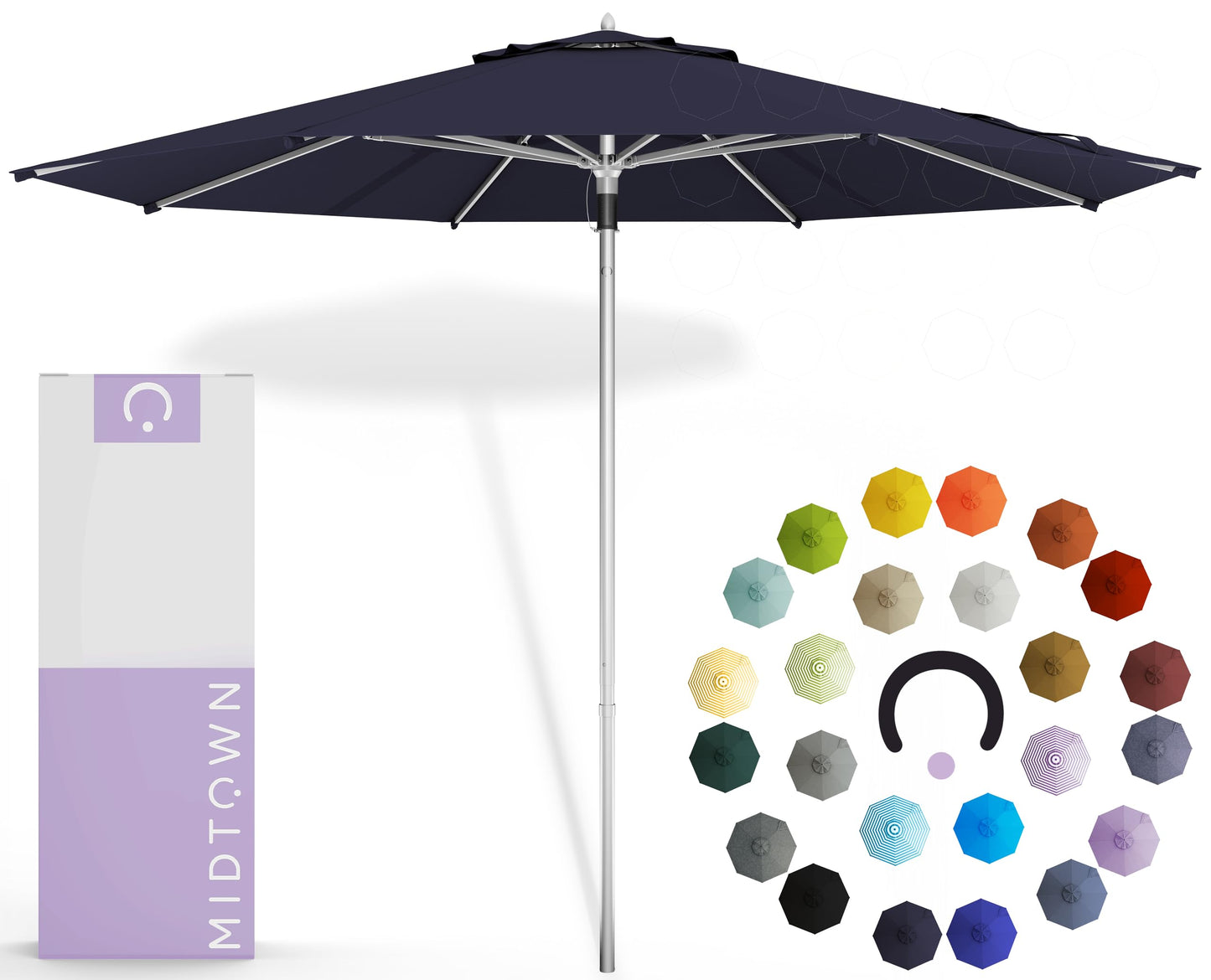 Midtown Umbrellas Push and Pop 9 Feet Outdoor Umbrella With Terylast Black/White Stripes Polyester Fabric - Fiberglass Ribs Deck Patio, Backyard, Garden & Pool - Silver Pole