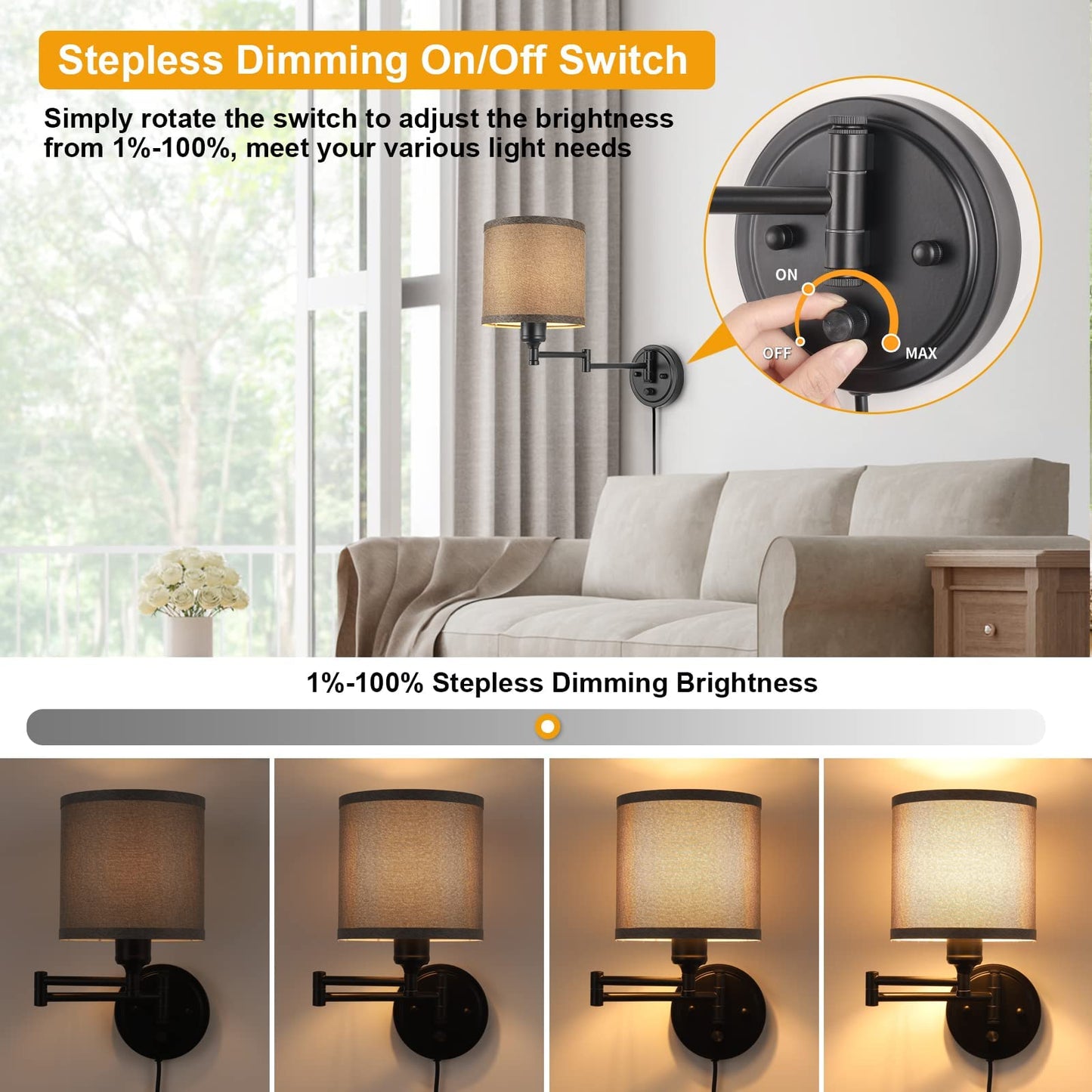 Plug in Wall Sconces with Remote Control, Dimming 10%-100% & Adjustable Colors 2700K-6500K, Hardwire or Plug-in, Swing Arm Wall Lamp with Linen Fabric Shade, Wall Sconces Set of Two, Black Finish
