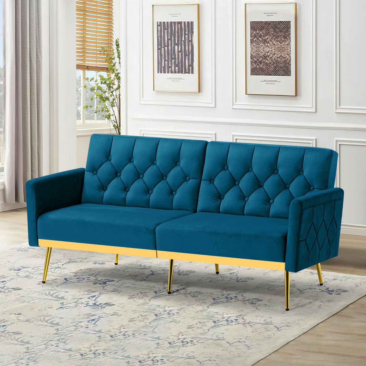 Velvet Sofa Bed w/Adjustable Armrests and Backrests, Modern Convertible Sleeper Sofa, Tufted Futon Sofa for Bedroom, Living Room, Apartment, Orange