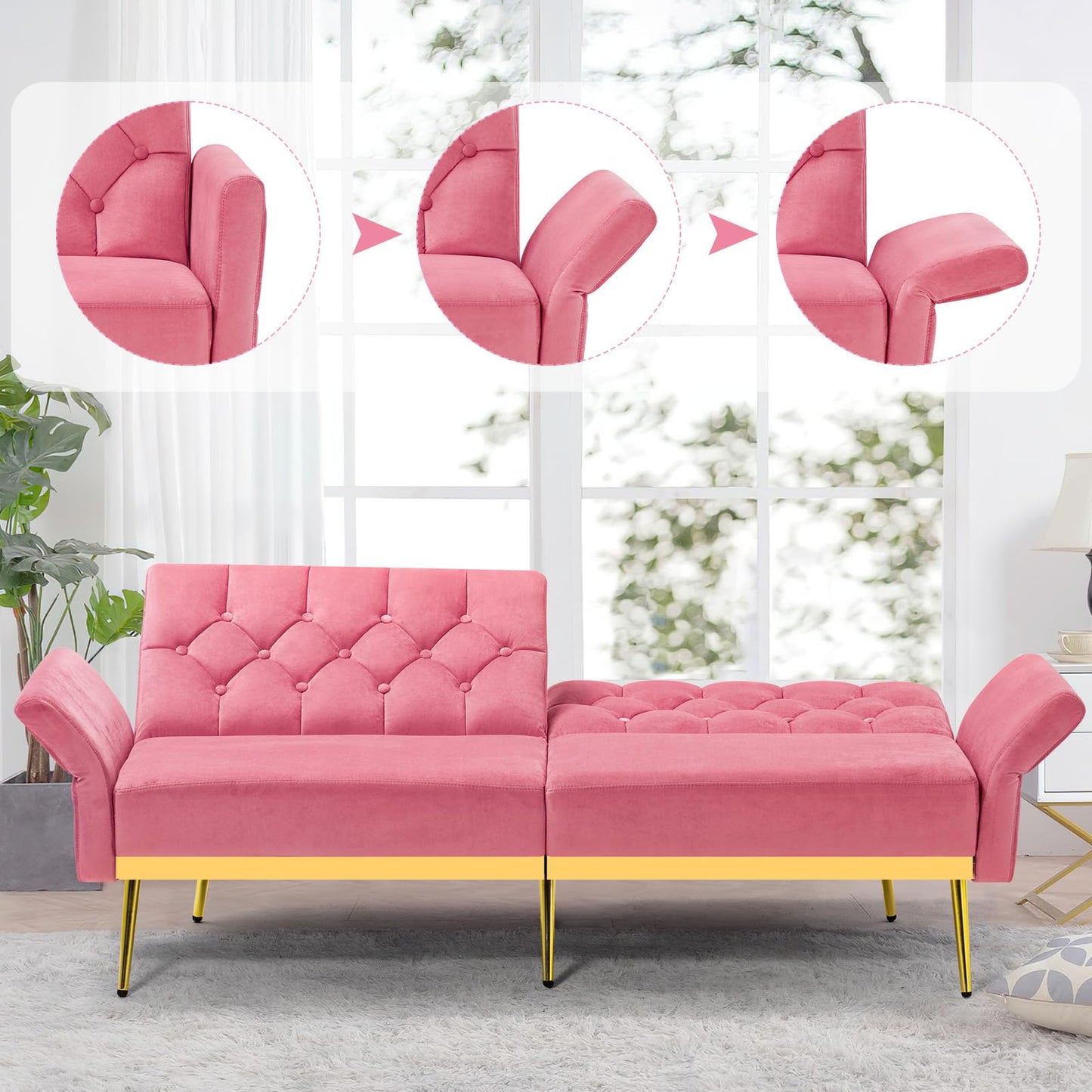 Velvet Sofa Bed w/Adjustable Armrests and Backrests, Modern Convertible Sleeper Sofa, Tufted Futon Sofa for Bedroom, Living Room, Apartment, Orange