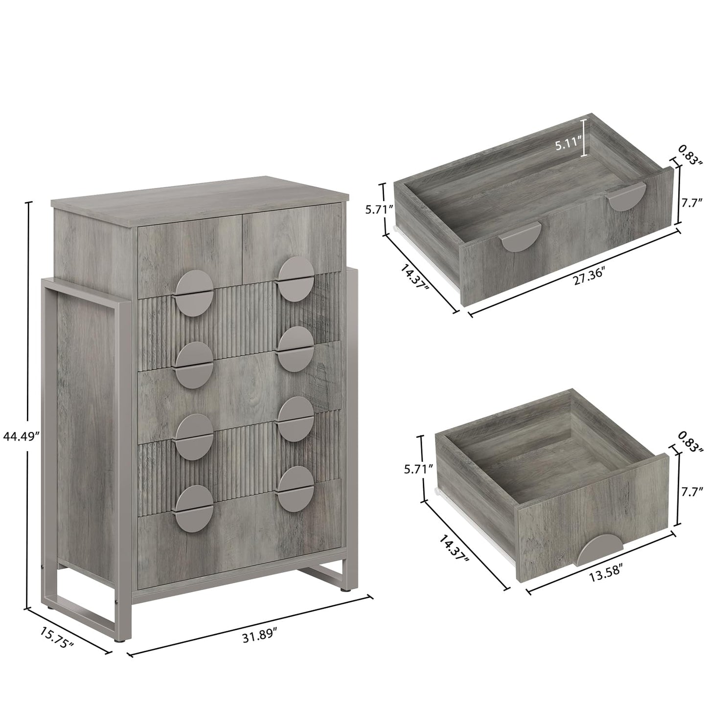 LGHM Fluted Gray Dresser for Bedroom, 50" Wide Chest of Drawers, Modern 6 Deep Drawers Dresser with Raised H Legs -Curved Profile Design, Easy Round Handles for Bedroom,Livingroom, Hallway, Gray