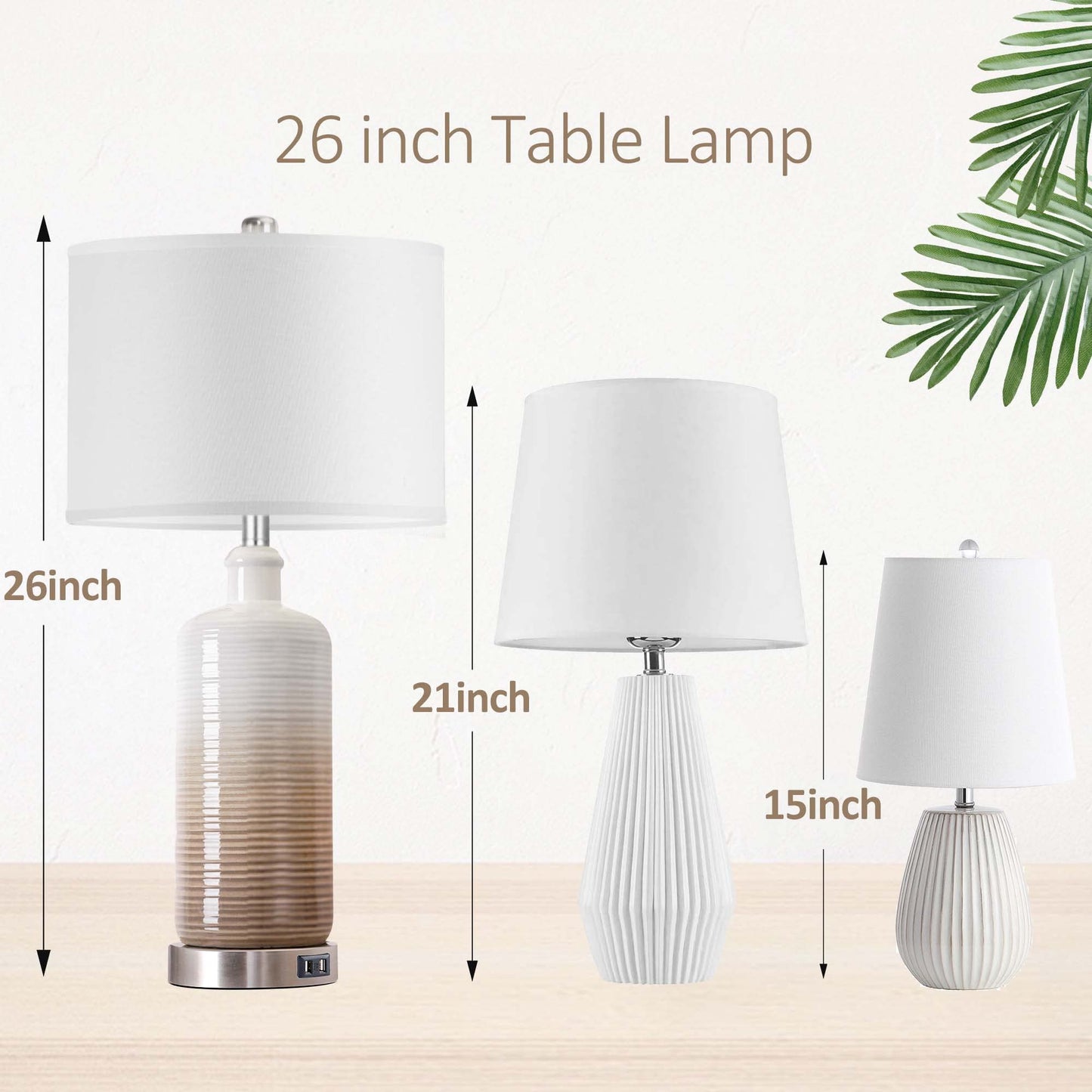 CeramicTable Lamps Set of 2 Lamps for Bedroom Living Room Office 26" Rotary Coastal Bedside Lamp for Nightstand with 2 USB Ports 3-Colors
