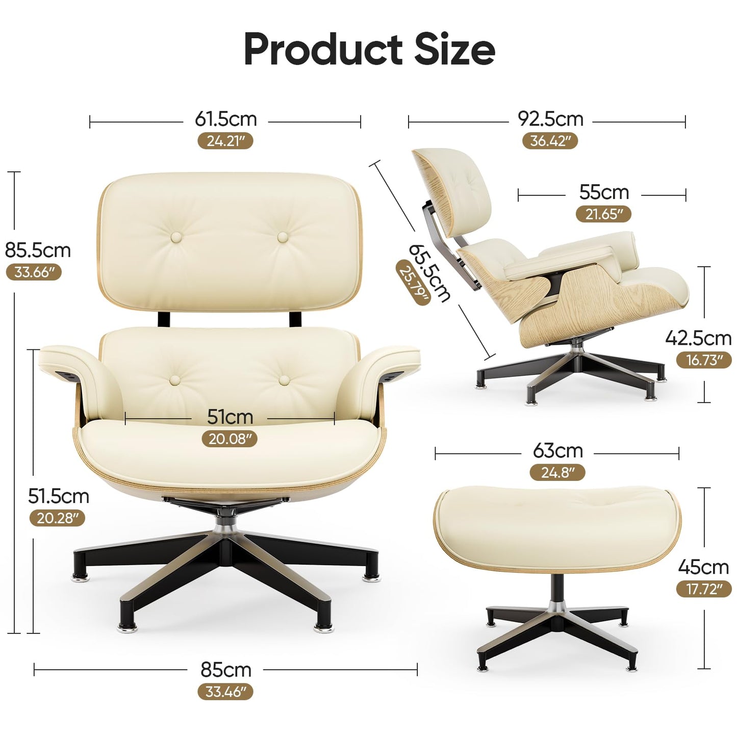 Top Black Grain Leather, Mid Century Chaise Lounge Chair and Ottoman, Modern Chair Classic Design, Walnut Wood, Heavy Duty Base Support for Living Room Office