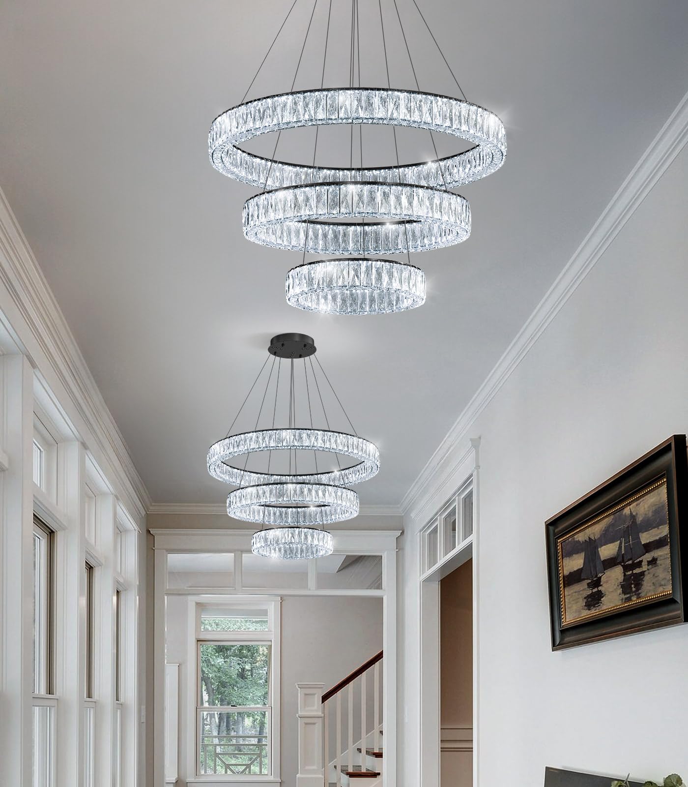 Modern Crystal Chandelier Dimmable LED Ring Pendant Lights Adjustable Glam Chandeliers Lighting Fixtures for Dining Room Living Room Bedroom Silver Light