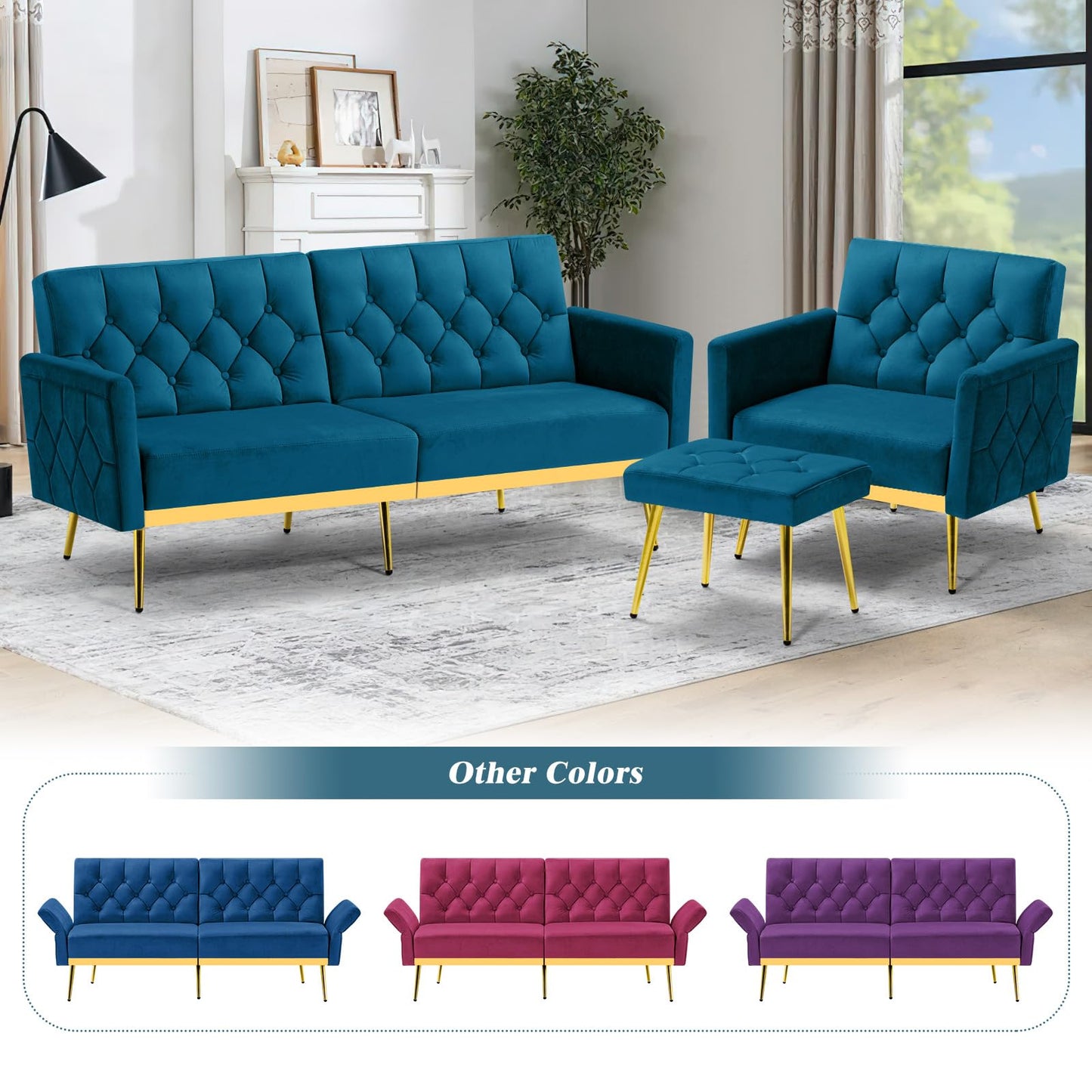 Velvet Sofa Bed w/Adjustable Armrests and Backrests, Modern Convertible Sleeper Sofa, Tufted Futon Sofa for Bedroom, Living Room, Apartment, Orange
