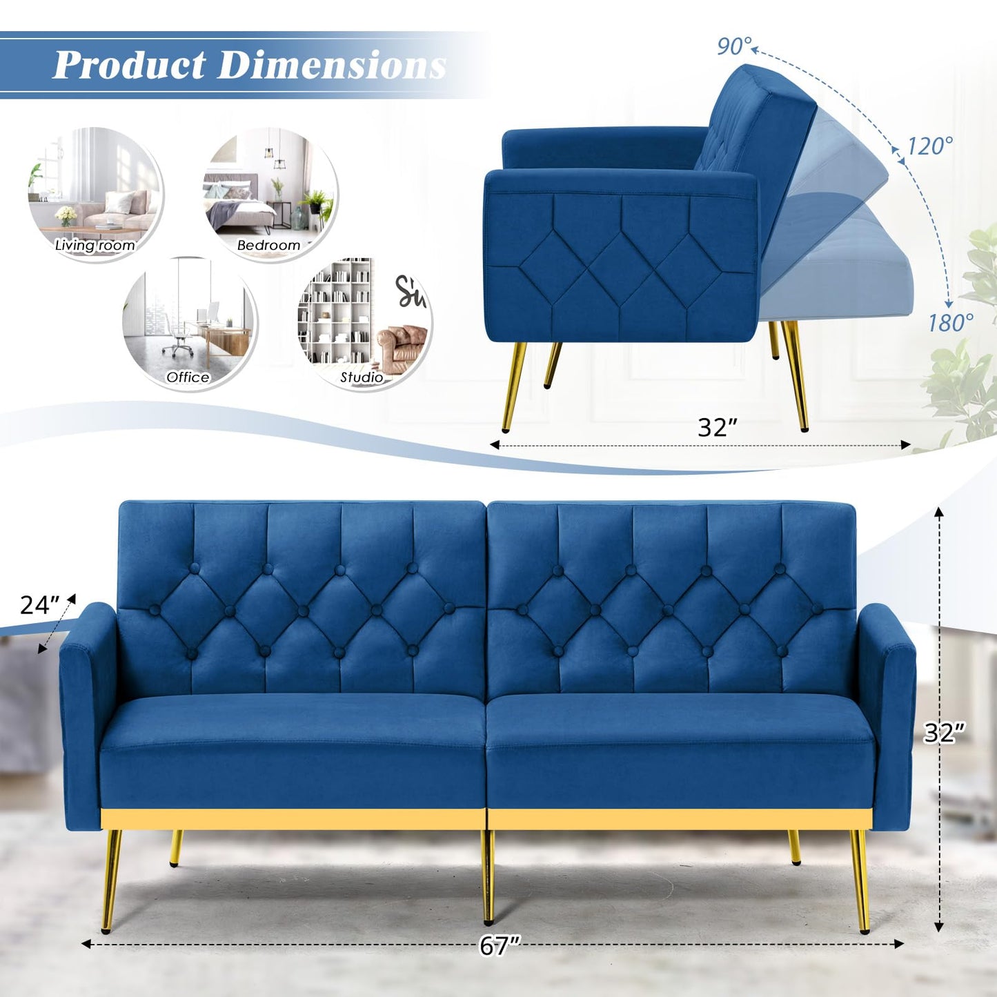 Velvet Sofa Bed w/Adjustable Armrests and Backrests, Modern Convertible Sleeper Sofa, Tufted Futon Sofa for Bedroom, Living Room, Apartment, Orange
