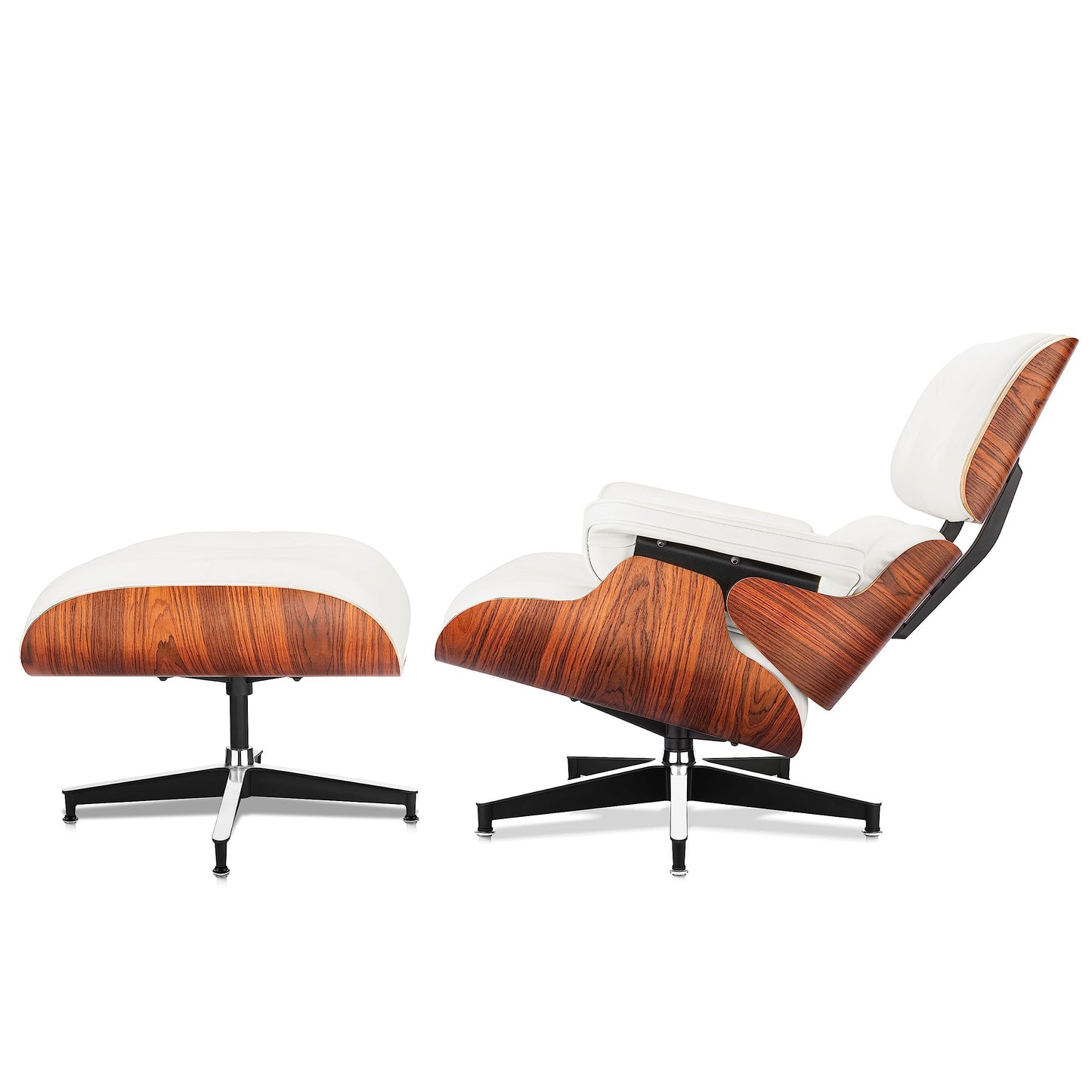 Top Black Grain Leather, Mid Century Chaise Lounge Chair and Ottoman, Modern Chair Classic Design, Walnut Wood, Heavy Duty Base Support for Living Room Office