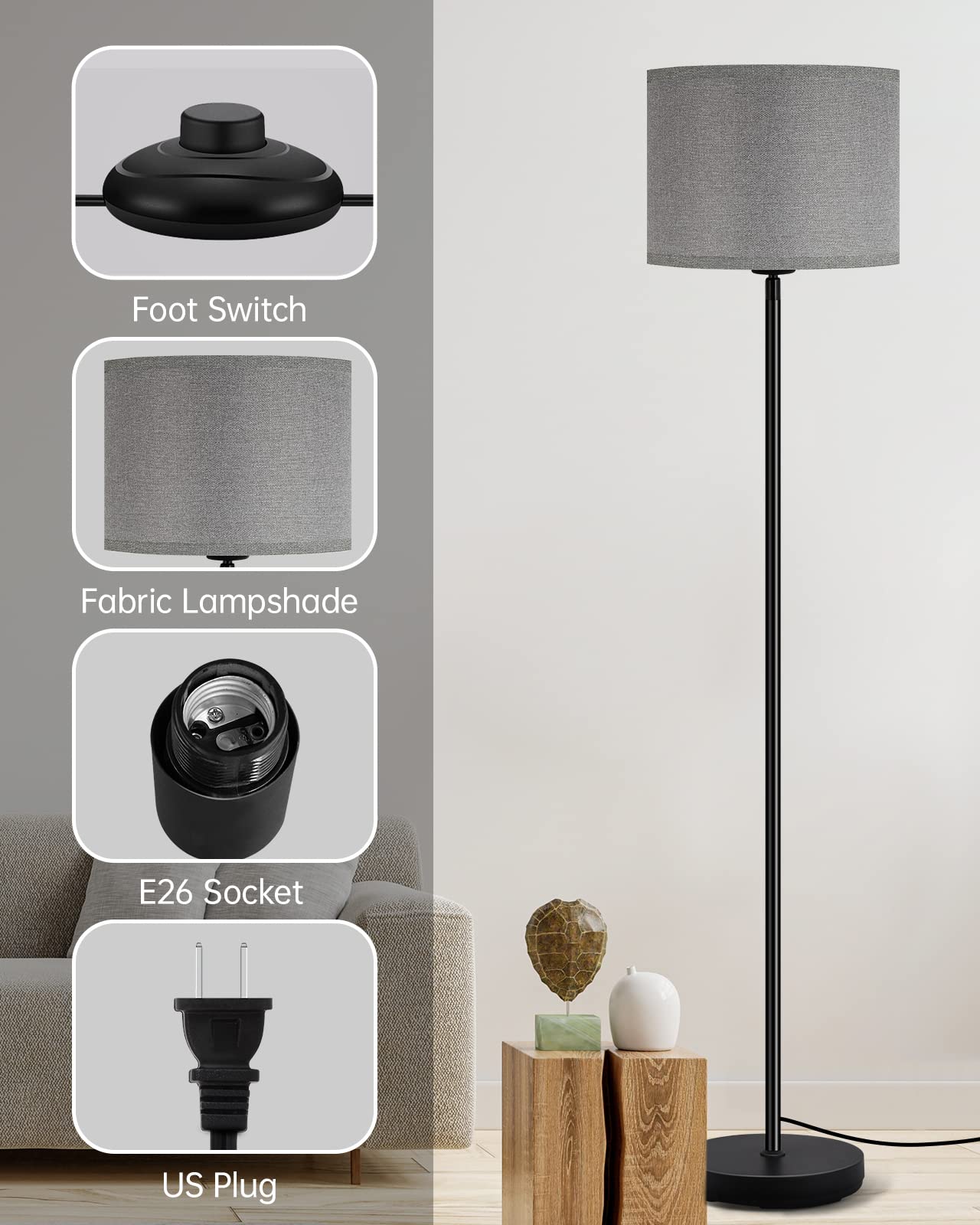Floor Lamp Black, Standing Lamp, 58" Tall Lamps for Living Room, Simple Pole Lamp with Black Lampshade, On/Off Foot Pedal, Bright Dimming Light for Kids Room Bedroom Office Decor(Without Bulbs)