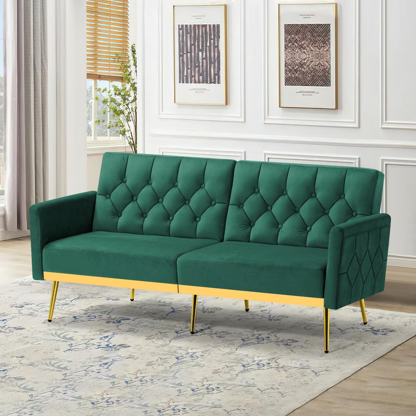 Velvet Sofa Bed w/Adjustable Armrests and Backrests, Modern Convertible Sleeper Sofa, Tufted Futon Sofa for Bedroom, Living Room, Apartment, Orange