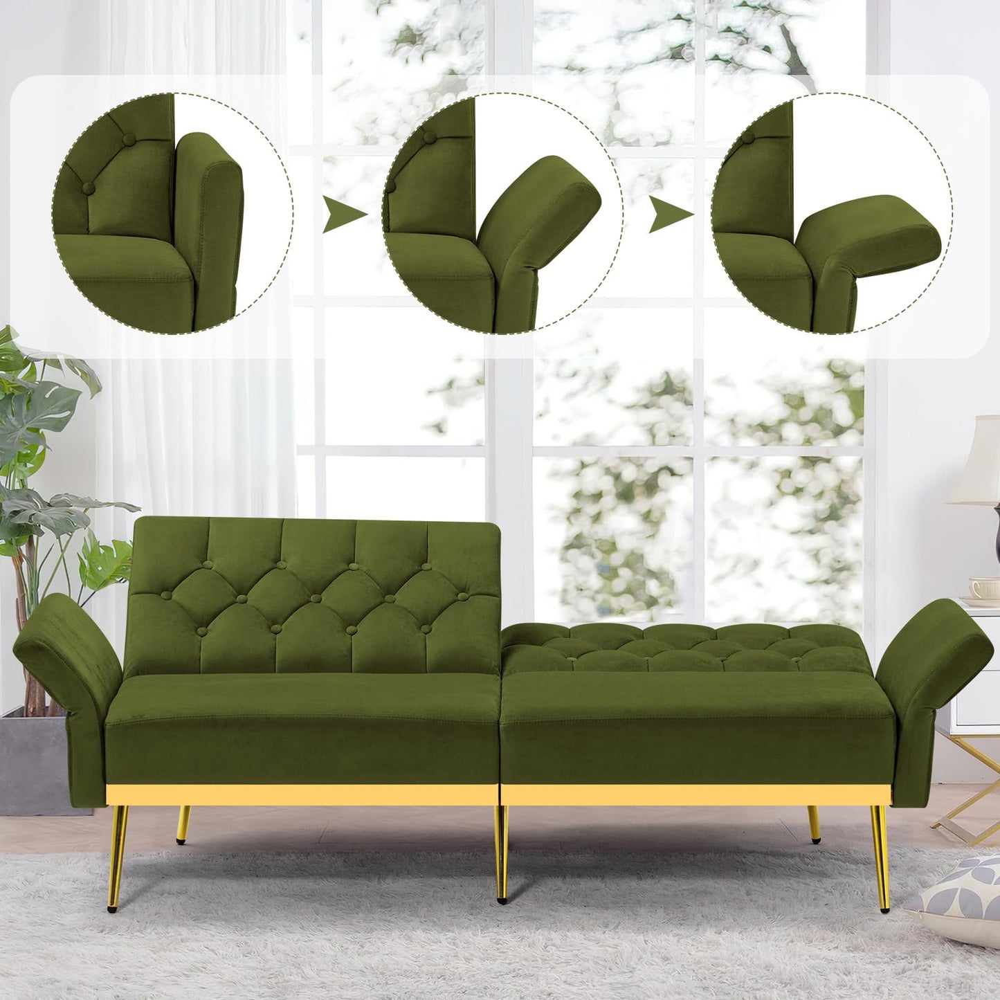 Velvet Sofa Bed w/Adjustable Armrests and Backrests, Modern Convertible Sleeper Sofa, Tufted Futon Sofa for Bedroom, Living Room, Apartment, Orange