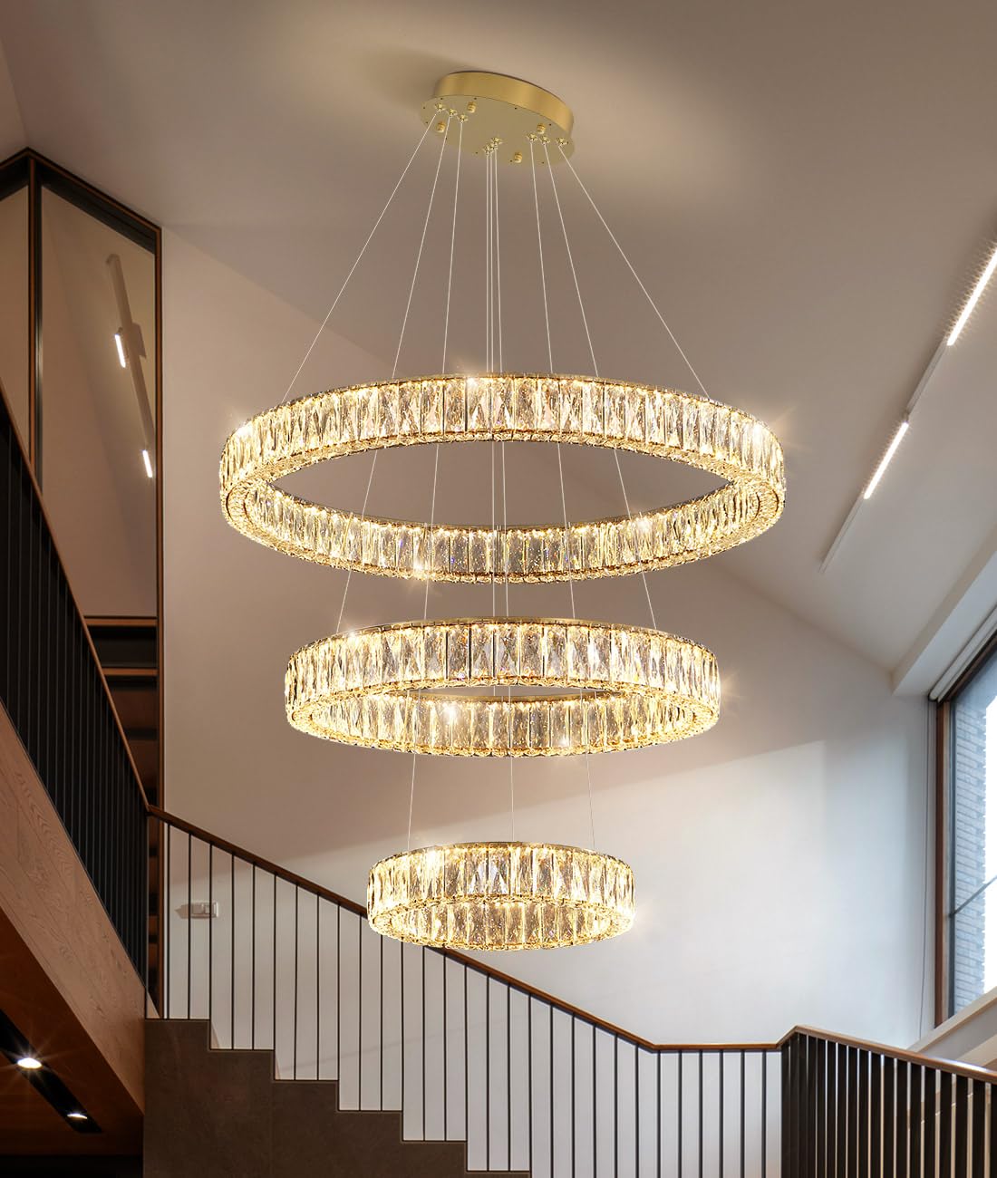 Modern Crystal Chandelier Dimmable LED Ring Pendant Lights Adjustable Glam Chandeliers Lighting Fixtures for Dining Room Living Room Bedroom Silver Light