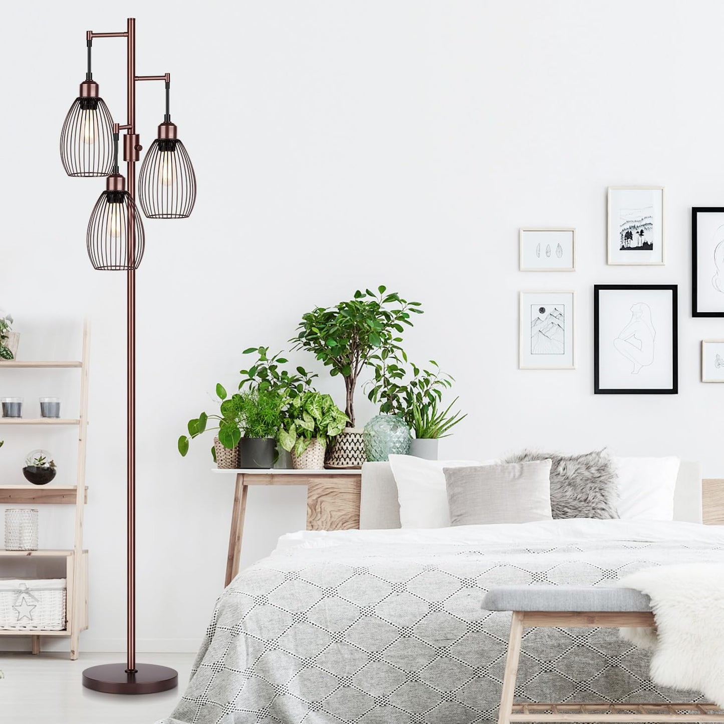 Dimmable Floor Lamp, 3 x 800LM LED Edison Bulbs Included, Farmhouse Industrial Floor Lamp Standing Tree Lamp with Elegant Teardrop Cage Tall Lamps for Living Room Bedroom Office Dining Room-Black