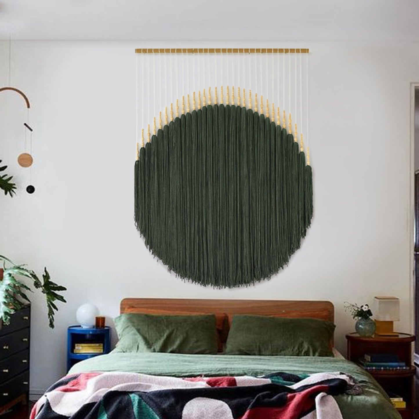 IOWER Macrame Wall Hanging Brown Yarn Beaded Backdrop Boho Wall Decor Round Tassel Home Wall Aesthetic Living Rooms Bedrooms Offices Geometric Art Chic Home Decor 39" W x 55" L