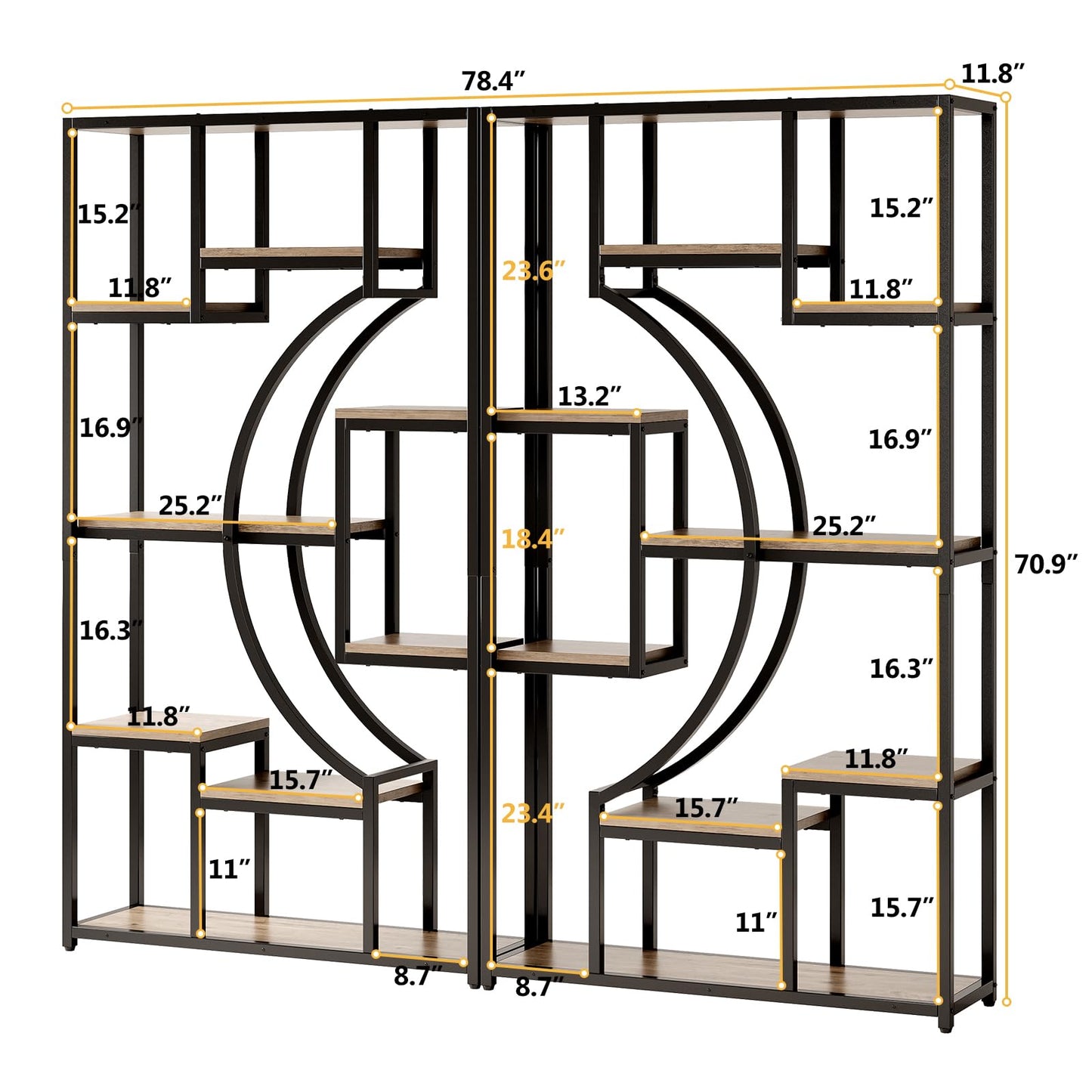 70.8" Tall Bookshelf Set of 2, 79" Wide Geometric Display Shelf with 18 Open Storage Shelves, Scratch-Resistant Gray Wash & Metal Frame, for Living Room, Office, Bedroom – Anti-Tip & Adjustable Feet