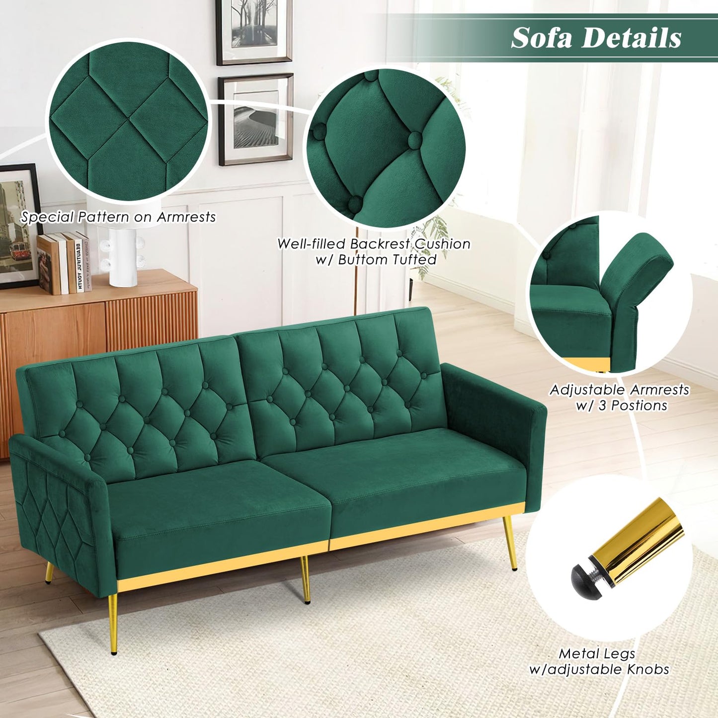 Velvet Sofa Bed w/Adjustable Armrests and Backrests, Modern Convertible Sleeper Sofa, Tufted Futon Sofa for Bedroom, Living Room, Apartment, Orange