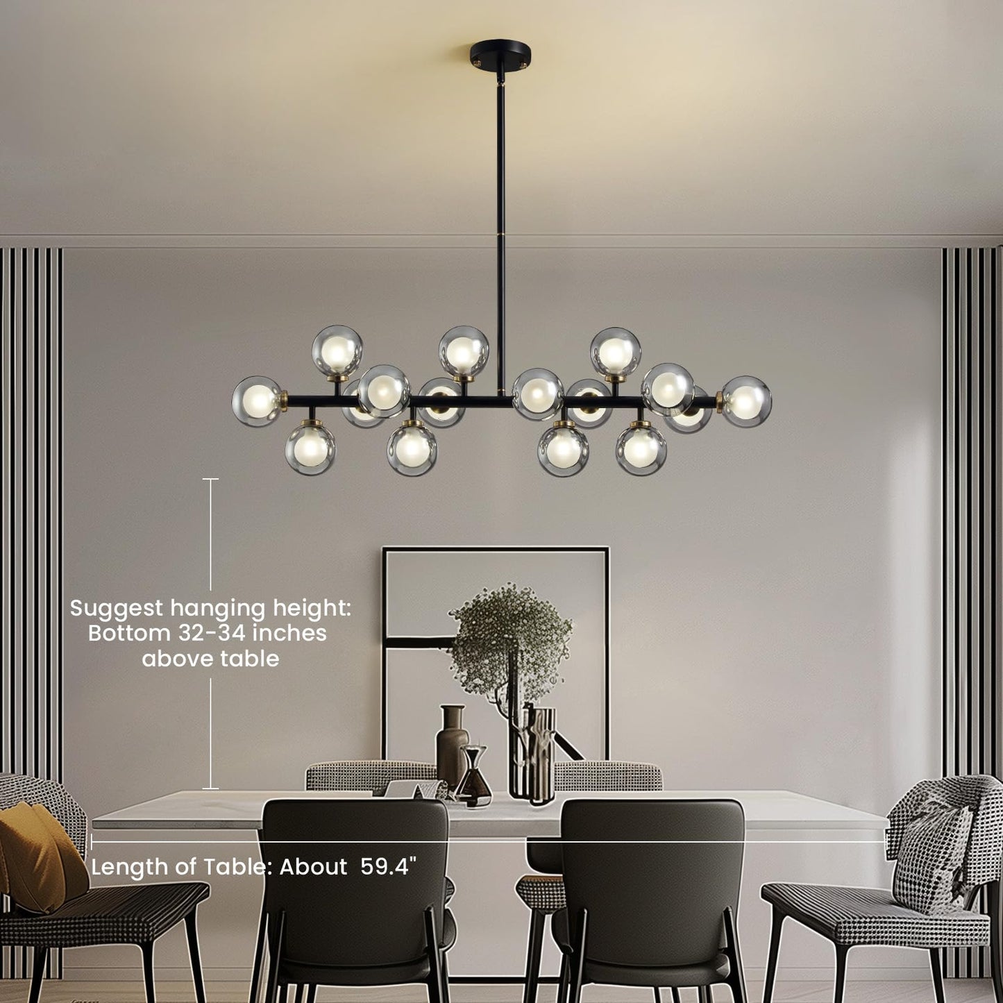 CROSSIO Modern Linear Chandeliers Black 16 Lights Pendant Light Fixtures Bubble Glass Chandelier Mid Century Sputnik Chandelier for Kitchen Island Dining Room