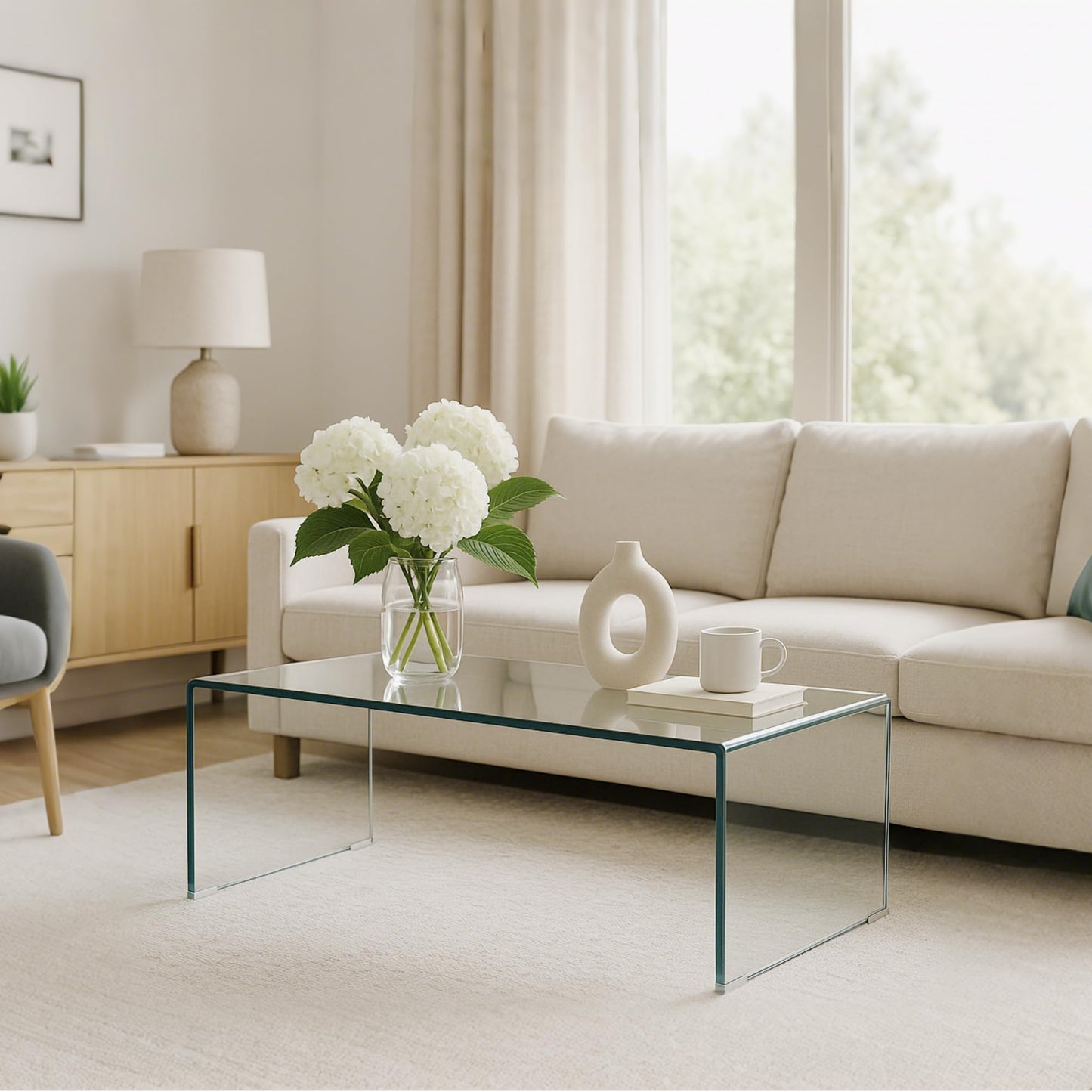 Meihua Tempered Glass Coffee Table for Living Room, Clear Center Table with 0.47 inch Tempered Glass, Transparent Modern Coffee Table