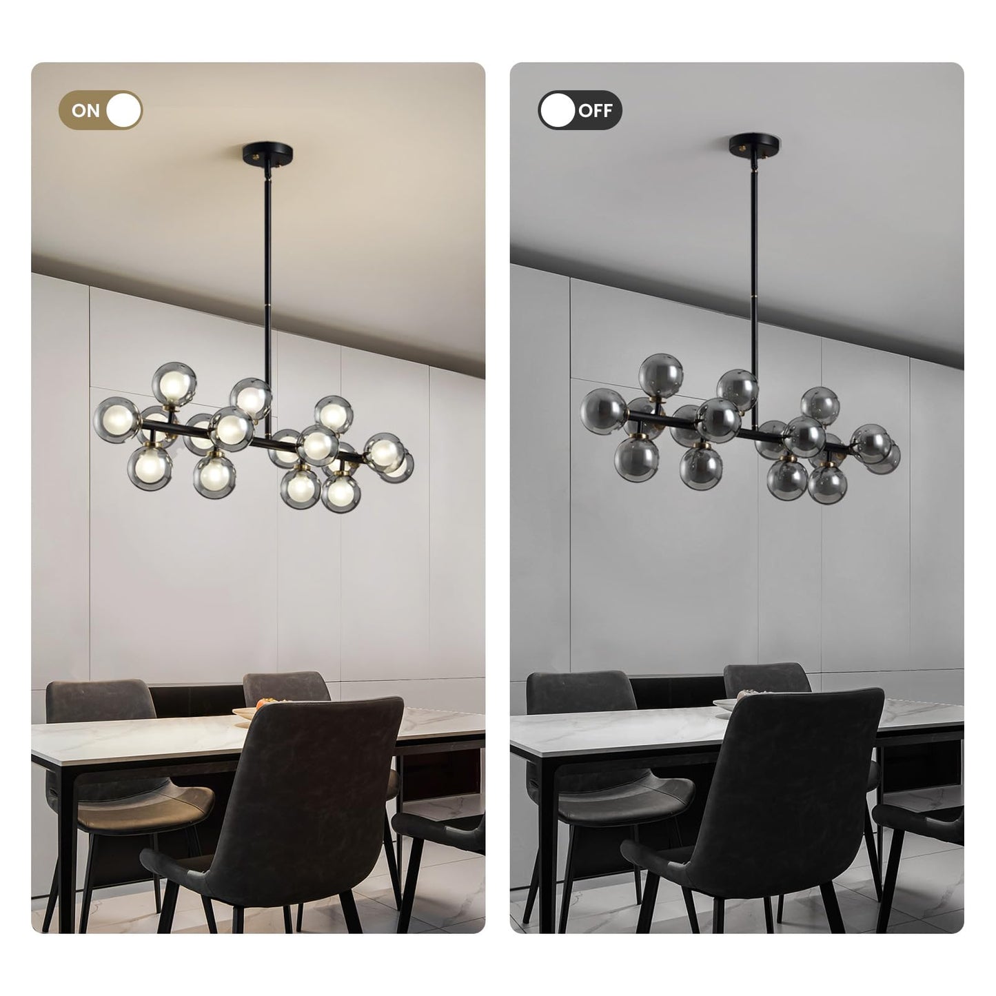 CROSSIO Modern Linear Chandeliers Black 16 Lights Pendant Light Fixtures Bubble Glass Chandelier Mid Century Sputnik Chandelier for Kitchen Island Dining Room