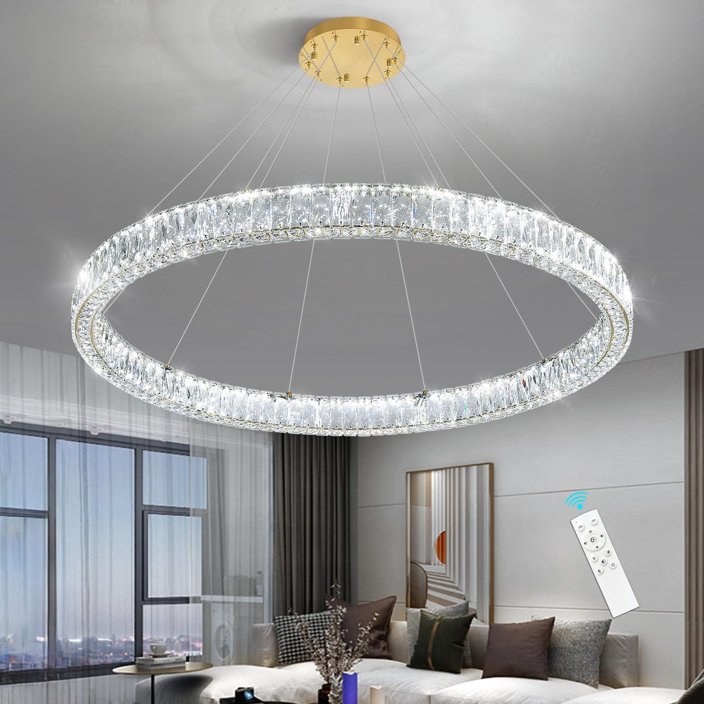 Modern Crystal Chandelier Dimmable LED Ring Pendant Lights Adjustable Glam Chandeliers Lighting Fixtures for Dining Room Living Room Bedroom Silver Light