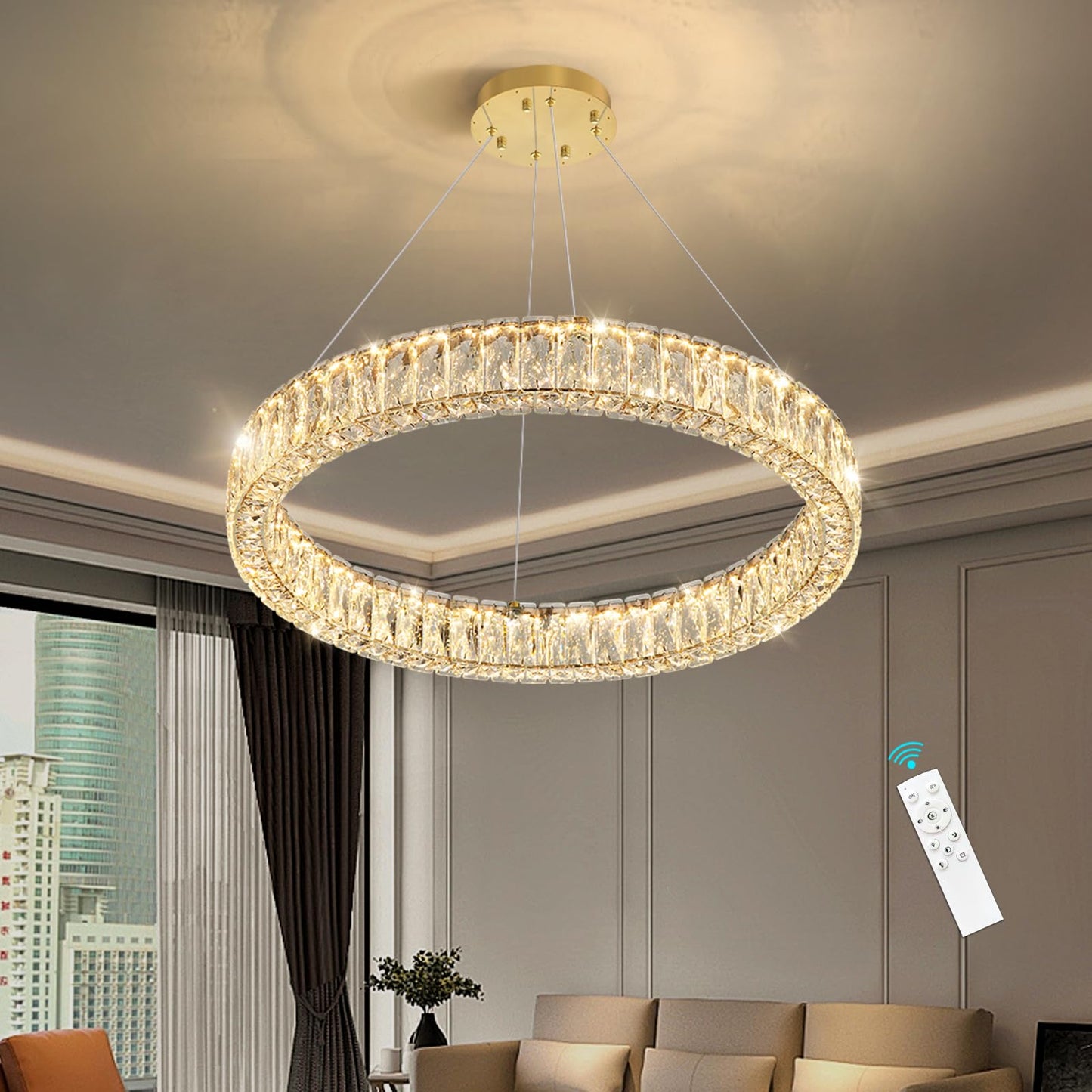 Modern Crystal Chandelier Dimmable LED Ring Pendant Lights Adjustable Glam Chandeliers Lighting Fixtures for Dining Room Living Room Bedroom Silver Light