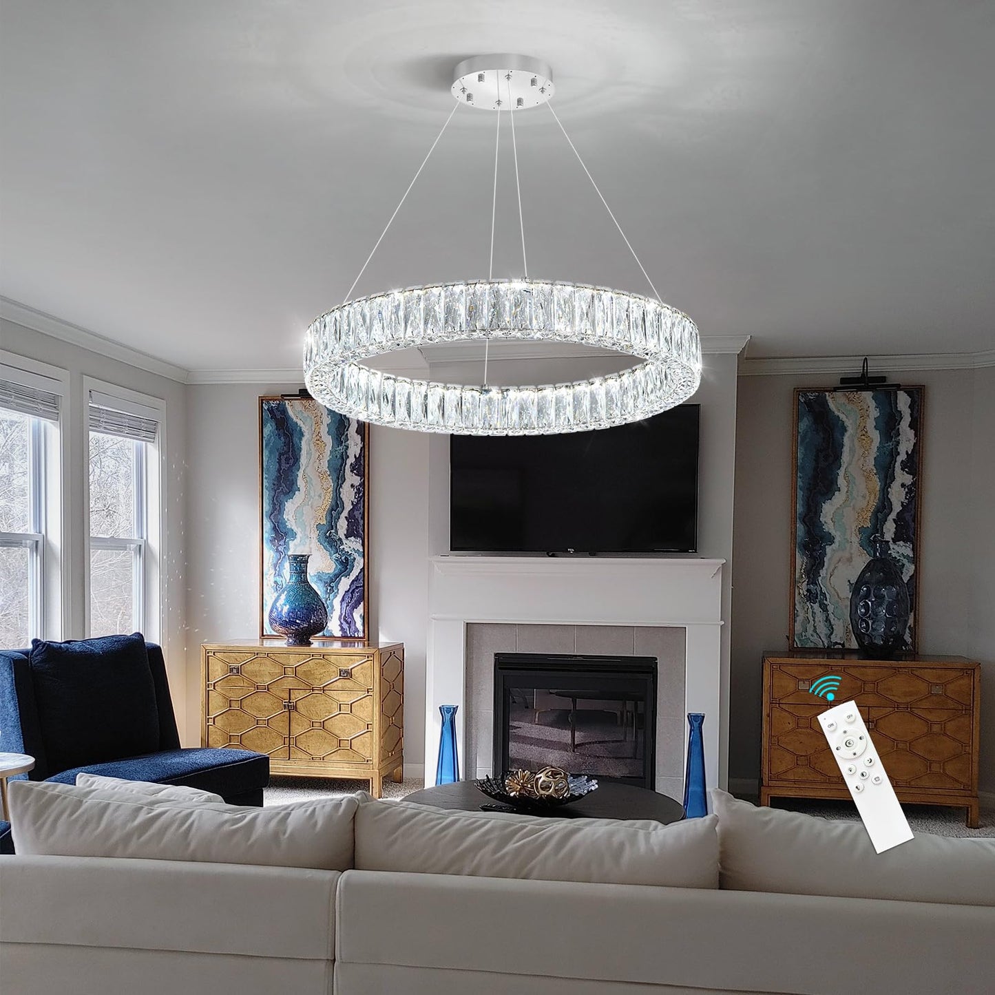 Modern Crystal Chandelier Dimmable LED Ring Pendant Lights Adjustable Glam Chandeliers Lighting Fixtures for Dining Room Living Room Bedroom Silver Light