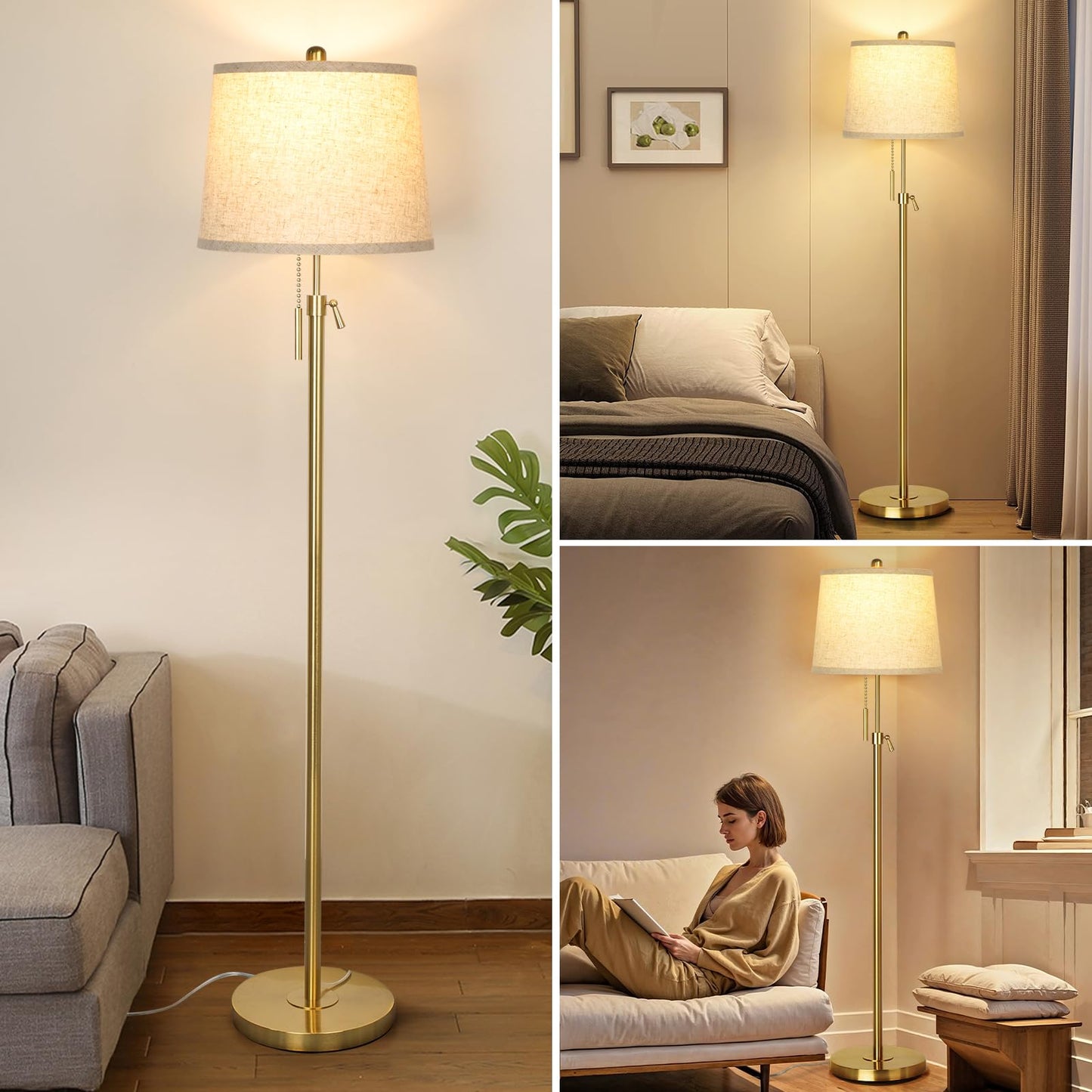 Floor Lamp for Living Room,Adjustable Height Standing Lamp,Dimmable Modern Floor Lamps for Bedroom Office Tall Floor Lights with Pull Chain Bulb Included-Silver Gray Shade