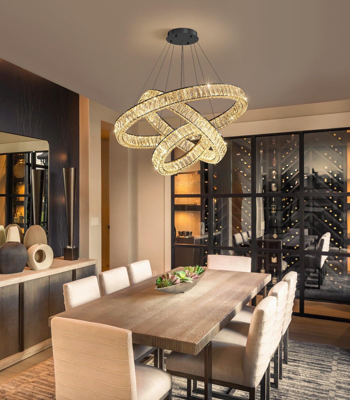 Modern Crystal Chandelier Dimmable LED Ring Pendant Lights Adjustable Glam Chandeliers Lighting Fixtures for Dining Room Living Room Bedroom Silver Light