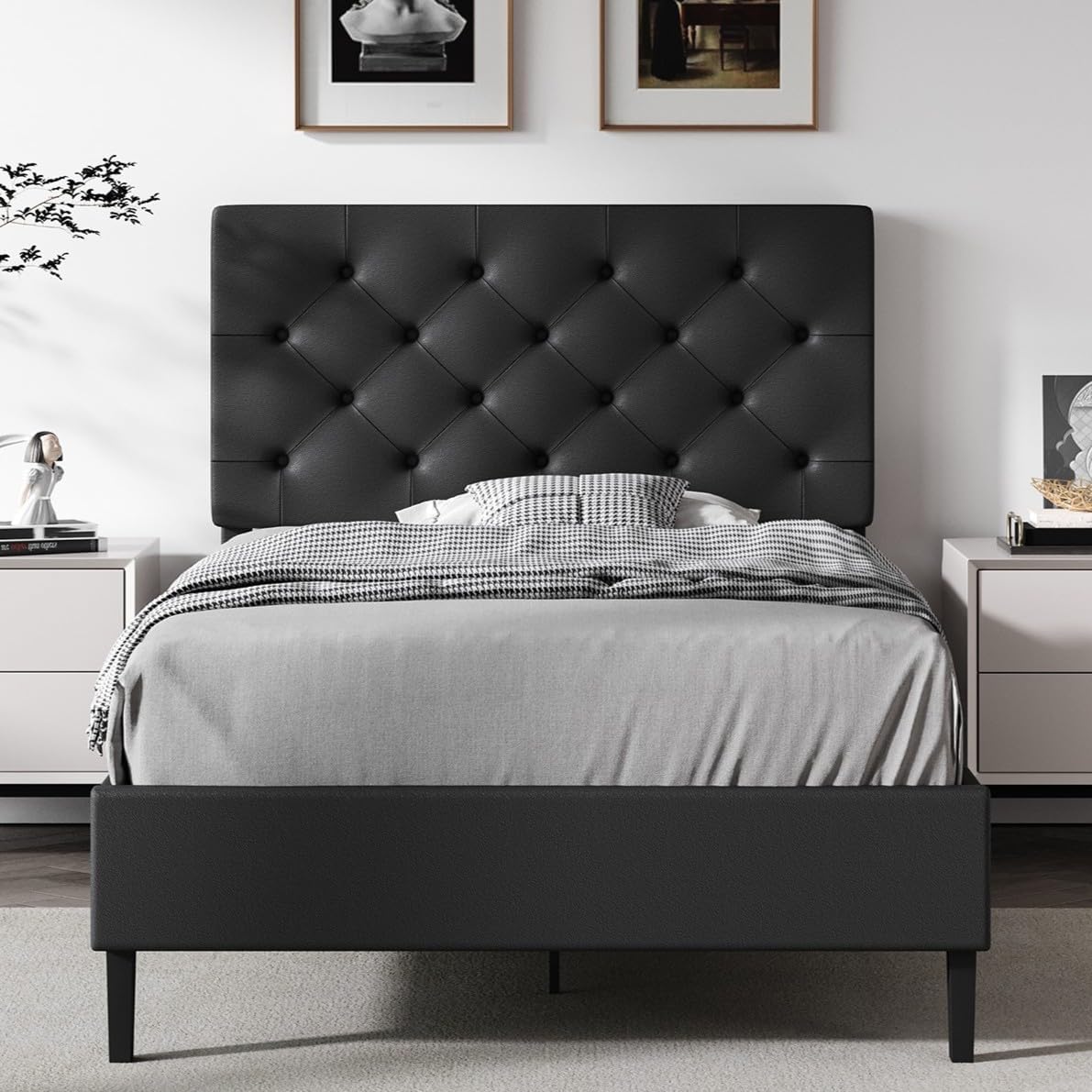 Queen Bed Frame with Headboard, Faux Leather Upholstered Platform Bed Frame, Blue Bed Frame Queen Size, Wooden Slat Support, No Box Spring Needed, Navy Blue