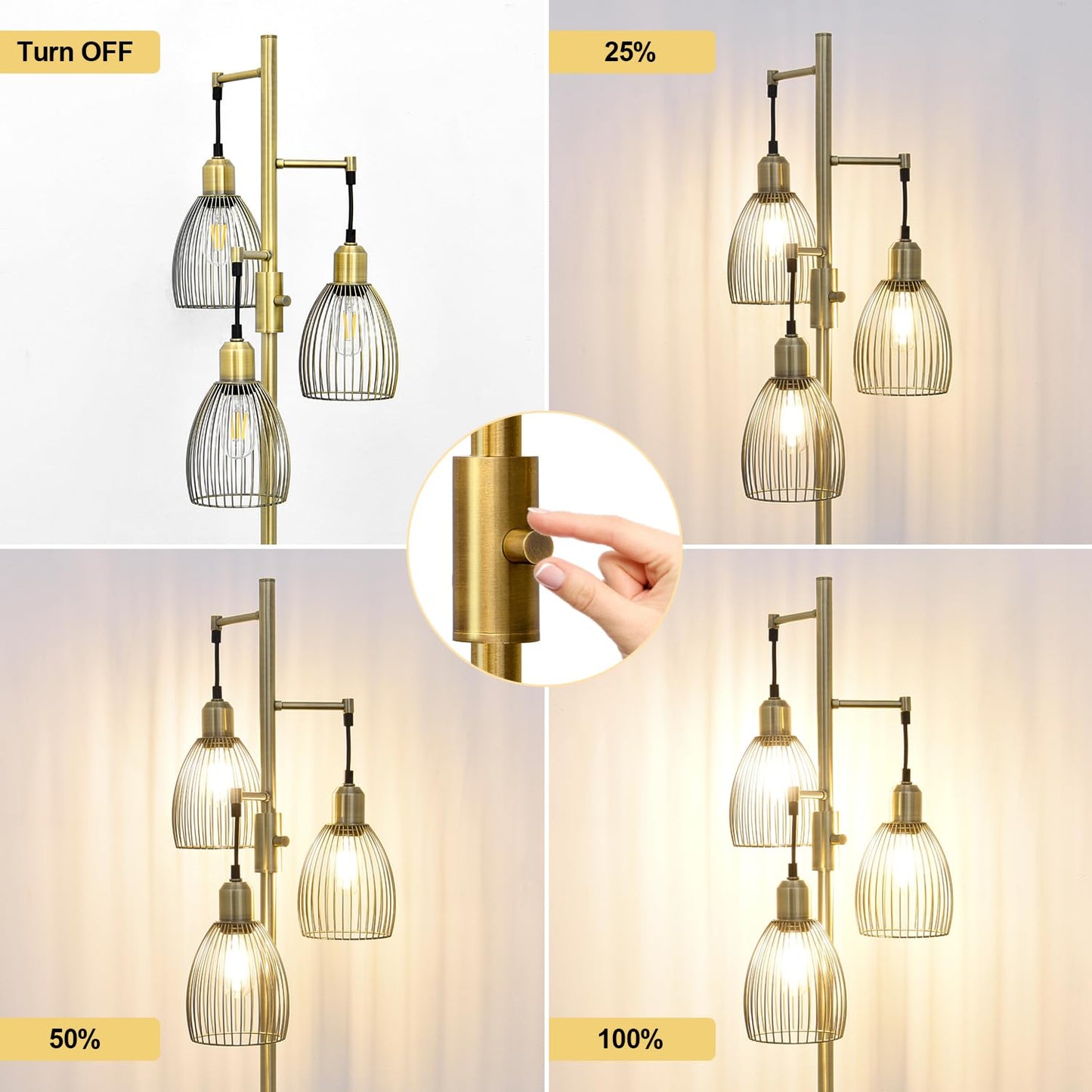 Dimmable Floor Lamp, 3 x 800LM LED Edison Bulbs Included, Farmhouse Industrial Floor Lamp Standing Tree Lamp with Elegant Teardrop Cage Tall Lamps for Living Room Bedroom Office Dining Room-Black