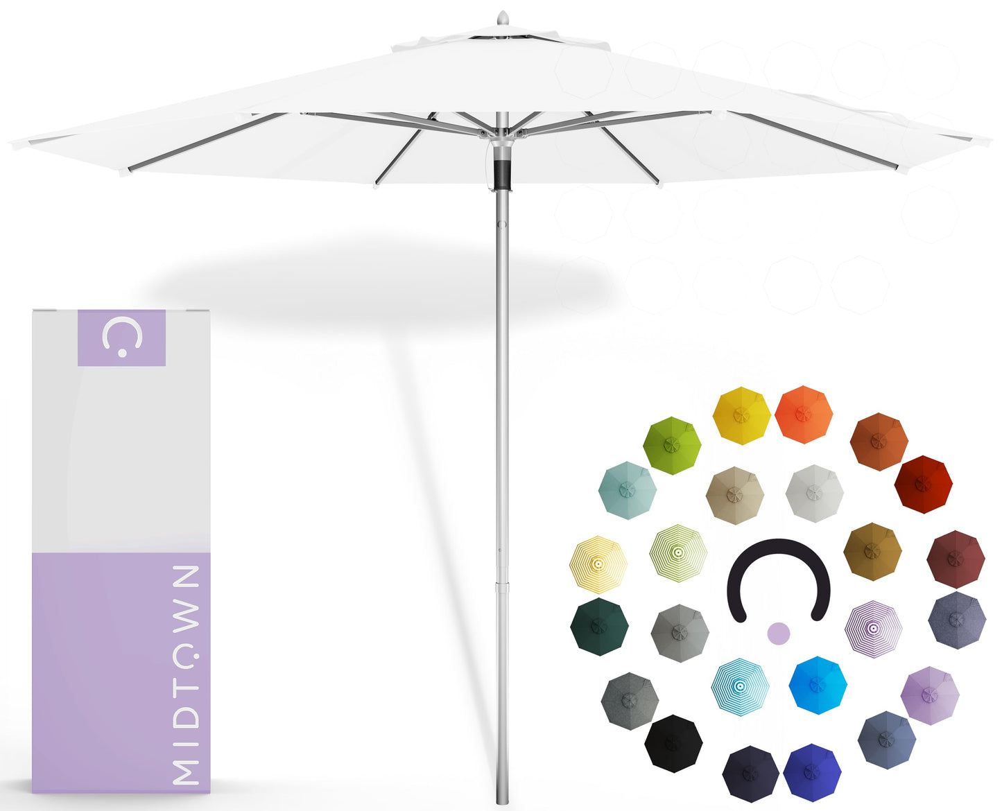 Midtown Umbrellas Push and Pop 9 Feet Outdoor Umbrella With Terylast Black/White Stripes Polyester Fabric - Fiberglass Ribs Deck Patio, Backyard, Garden & Pool - Silver Pole