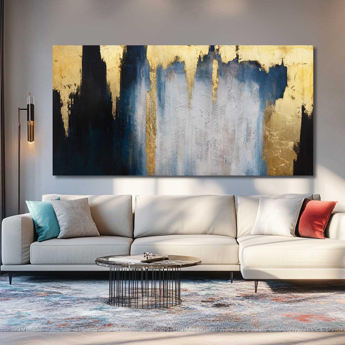 MLART99 Blue and White Abstract Wall Art Grunge Posters Gold Painting for Home Office 29"x 58" Gallery Wall Prints Large Size Artwork for Walls