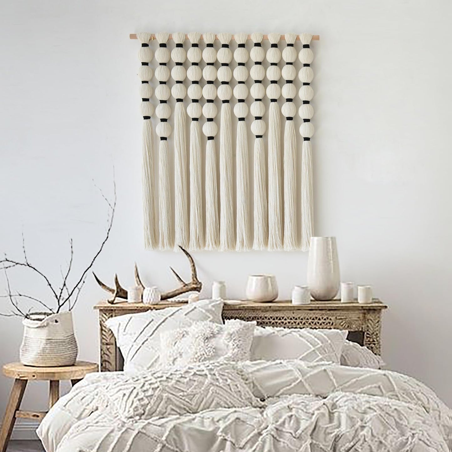 IOWER Macrame Wall Hanging Brown Yarn Beaded Backdrop Boho Wall Decor Round Tassel Home Wall Aesthetic Living Rooms Bedrooms Offices Geometric Art Chic Home Decor 39" W x 55" L