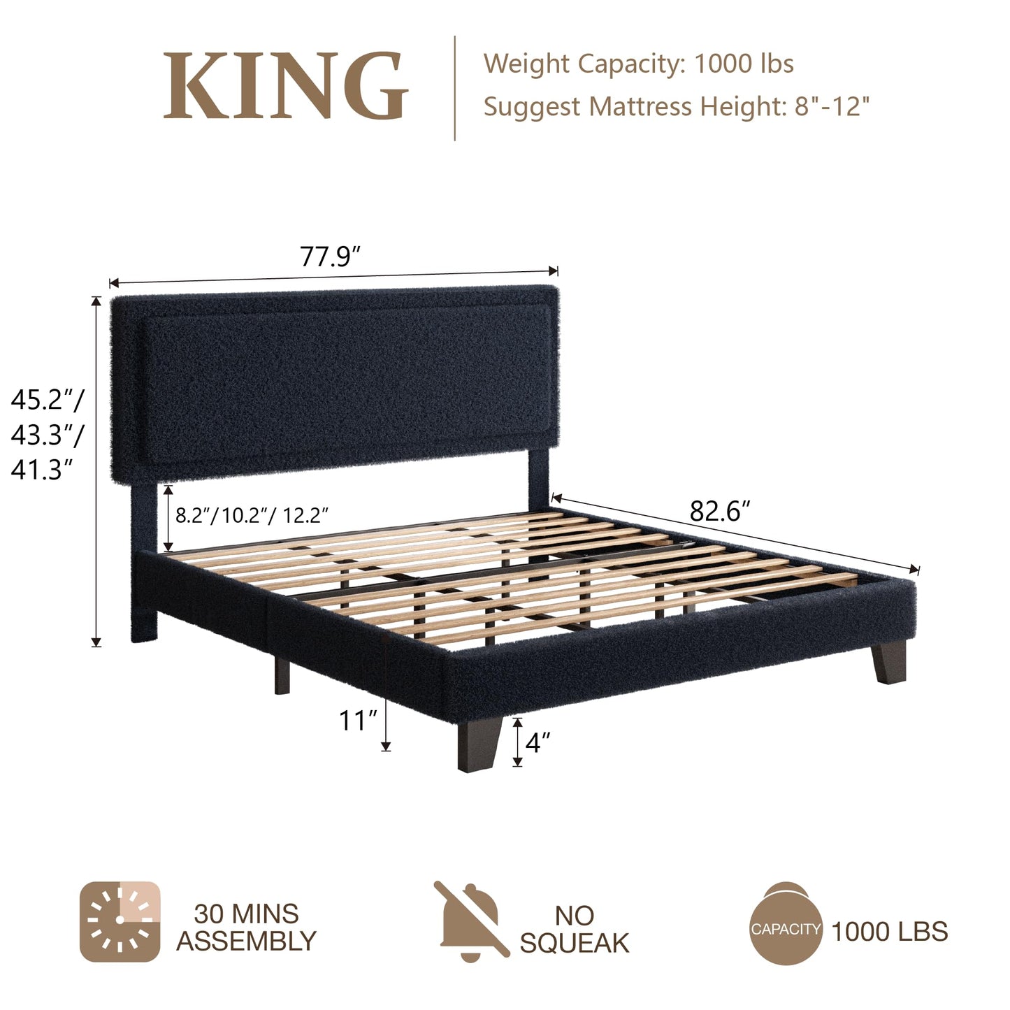 King Size Bed Frame and Headboard, Boucle Upholstered Platform Cloud Bed Frame with Headboard, Soft Teddy Fabric, Modern Style, No Box Spring Required, Easy Assembly, Blue-Black