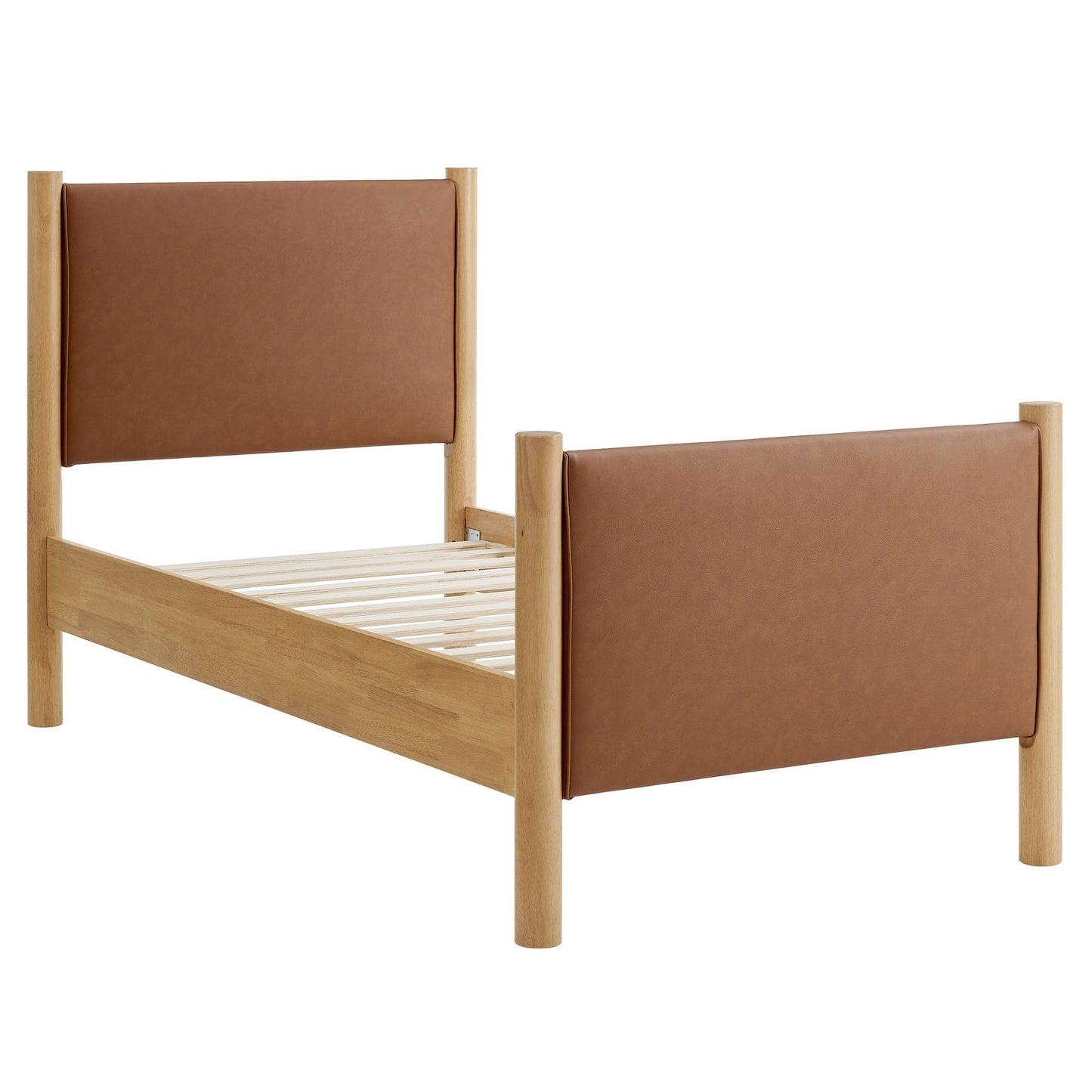 Modway Maven King Size Bed Frame in Tan Walnut with Faux Leather Upholstered Headboard and Footboard – Wood King Platform Bed Frame – No Box Spring Needed