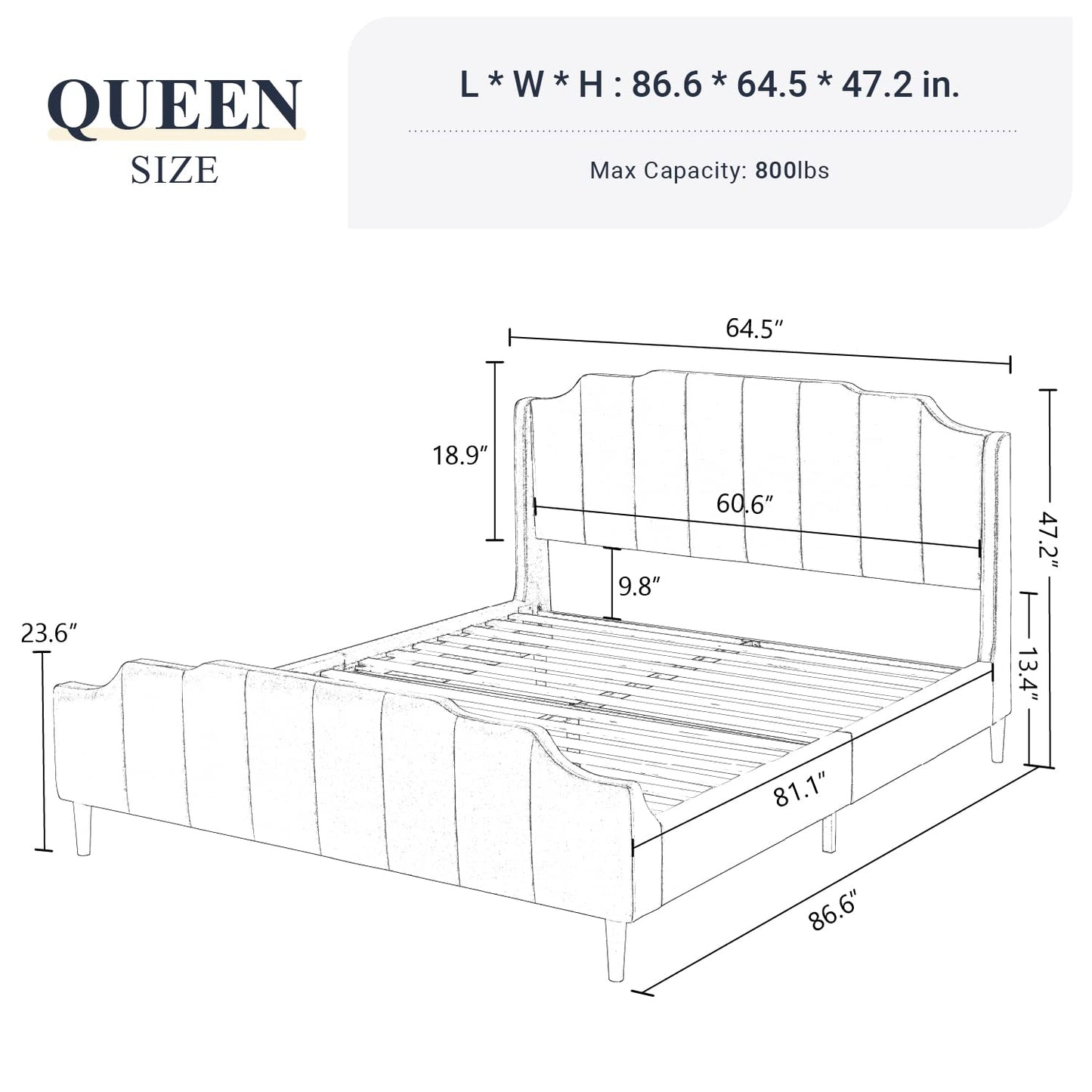 Allewie Queen Size Velvet Bed Frame Upholstered Platform Bed with Vertical Headboard and Footboard, Solid Wood Leg and Strong Slats Support, No Box Spring Needed, Easy Assembly, Blue