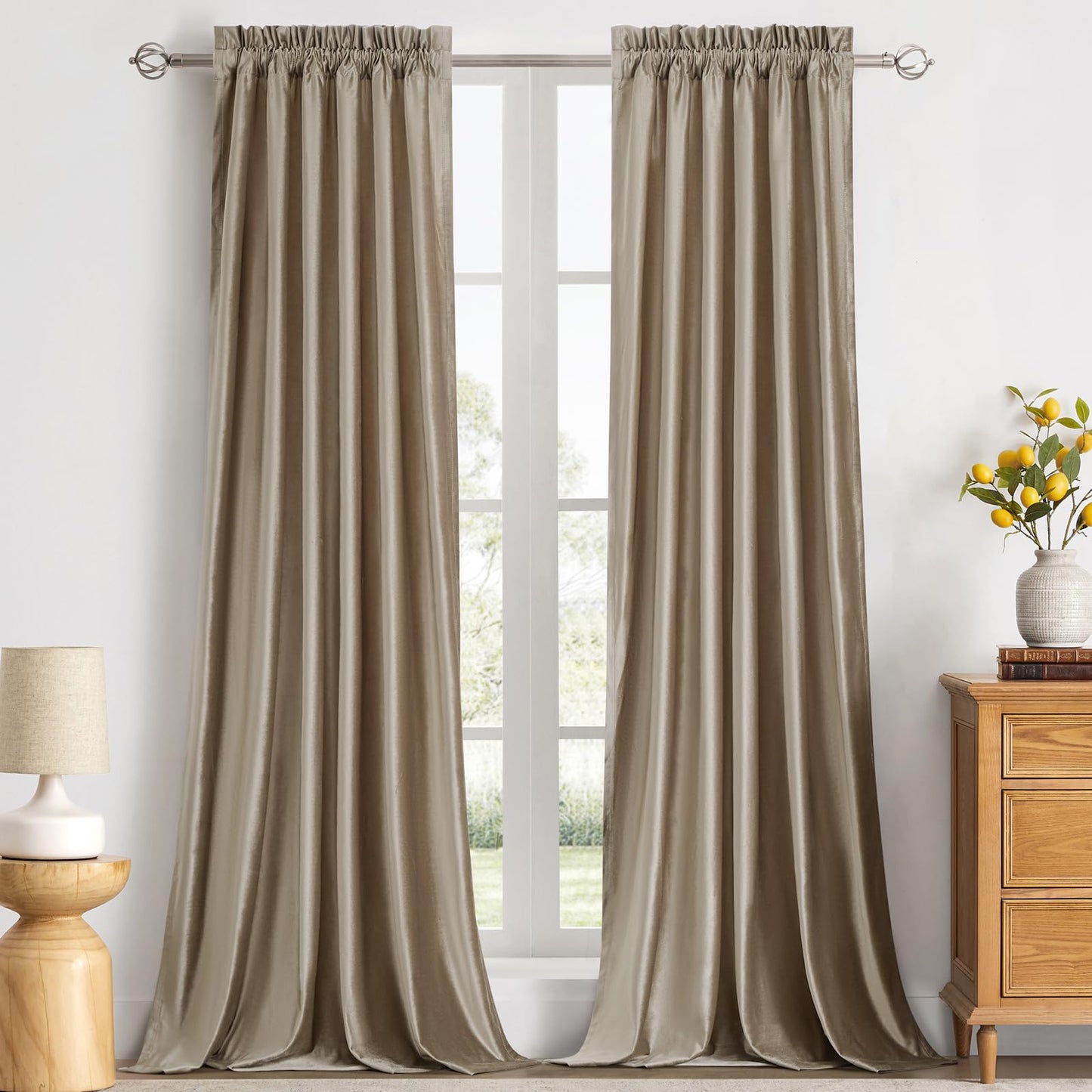 PRIMROSE Velvet Curtains 84 inch for Living Room Champagne Beige Rod Pocket Window Drapes Treatment Semi Room Darkening Decor Curtains for Bedroom Set of 2 Panels