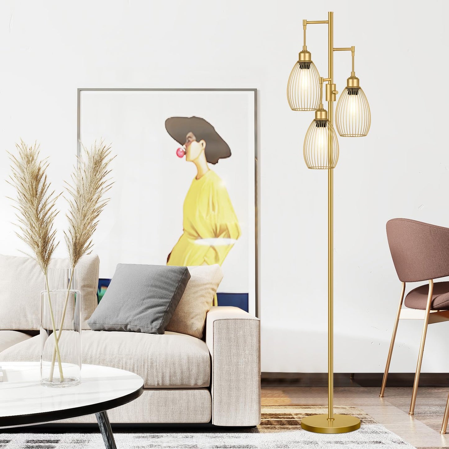 Dimmable Floor Lamp, 3 x 800LM LED Edison Bulbs Included, Farmhouse Industrial Floor Lamp Standing Tree Lamp with Elegant Teardrop Cage Tall Lamps for Living Room Bedroom Office Dining Room-Black