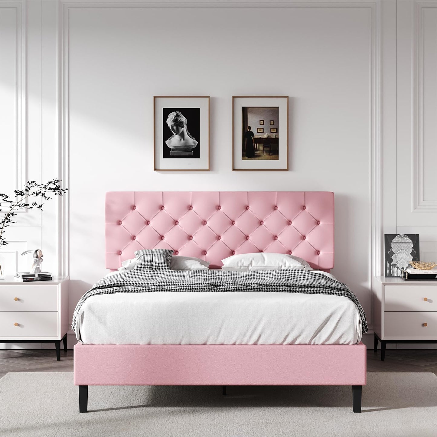 Queen Bed Frame with Headboard, Faux Leather Upholstered Platform Bed Frame, Blue Bed Frame Queen Size, Wooden Slat Support, No Box Spring Needed, Navy Blue