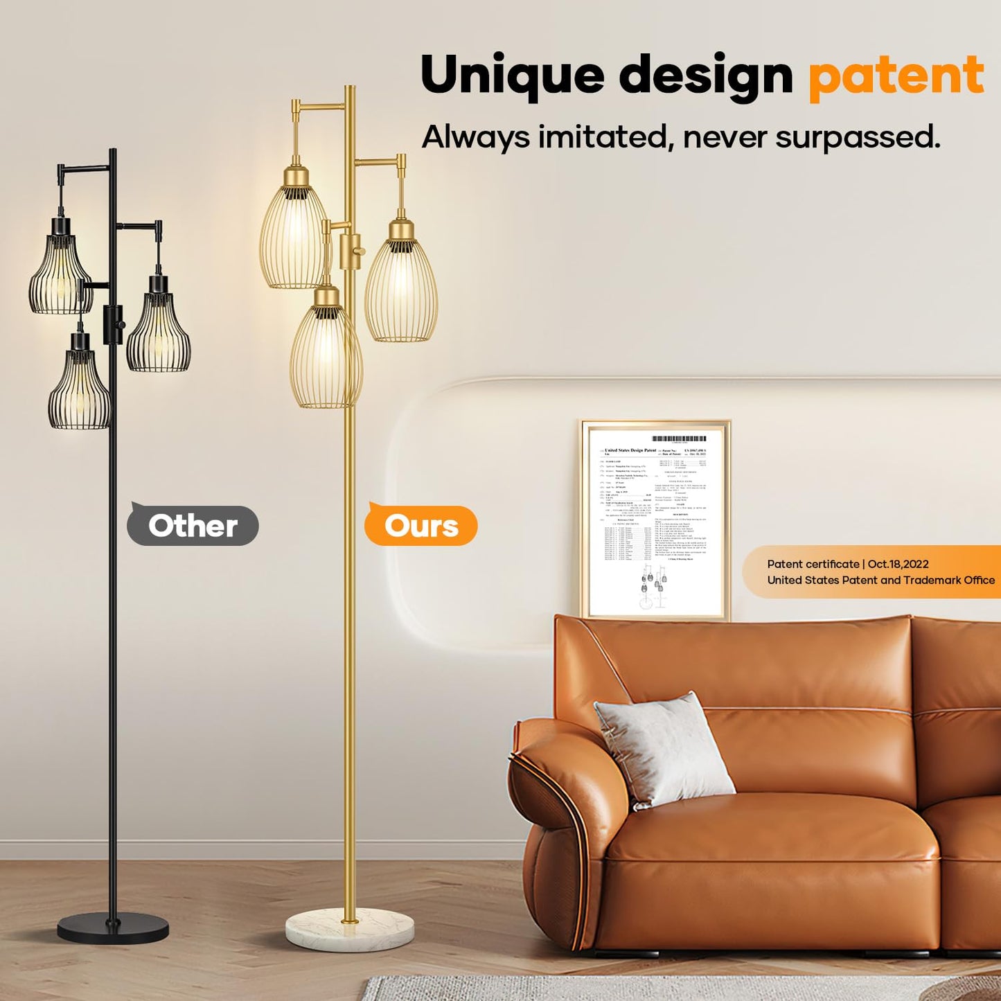 Dimmable Floor Lamp, 3 x 800LM LED Edison Bulbs Included, Farmhouse Industrial Floor Lamp Standing Tree Lamp with Elegant Teardrop Cage Tall Lamps for Living Room Bedroom Office Dining Room-Black
