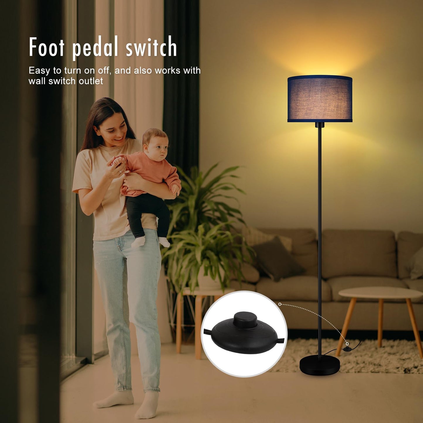 Floor Lamp Black, Standing Lamp, 58" Tall Lamps for Living Room, Simple Pole Lamp with Black Lampshade, On/Off Foot Pedal, Bright Dimming Light for Kids Room Bedroom Office Decor(Without Bulbs)