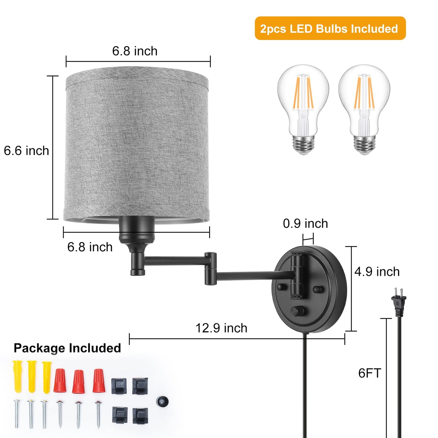 Plug in Wall Sconces with Remote Control, Dimming 10%-100% & Adjustable Colors 2700K-6500K, Hardwire or Plug-in, Swing Arm Wall Lamp with Linen Fabric Shade, Wall Sconces Set of Two, Black Finish
