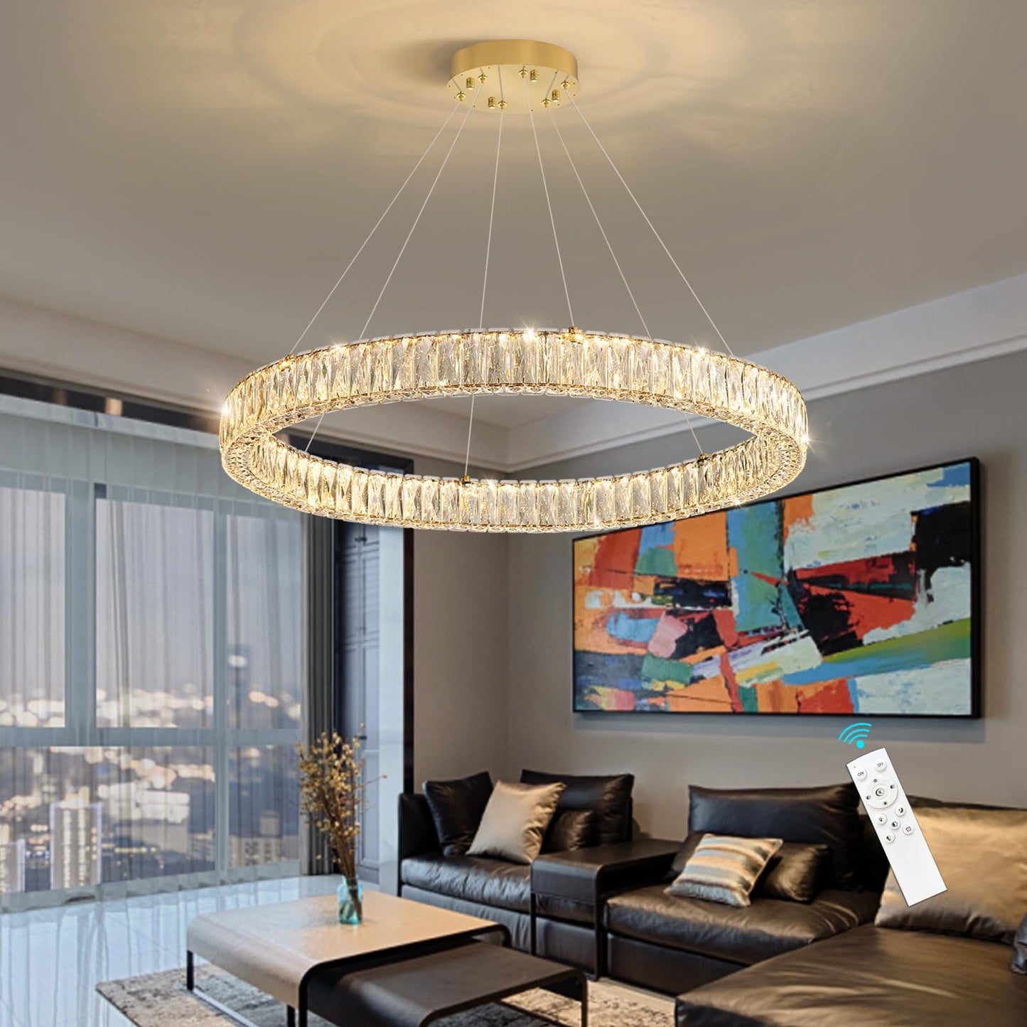 Modern Crystal Chandelier Dimmable LED Ring Pendant Lights Adjustable Glam Chandeliers Lighting Fixtures for Dining Room Living Room Bedroom Silver Light