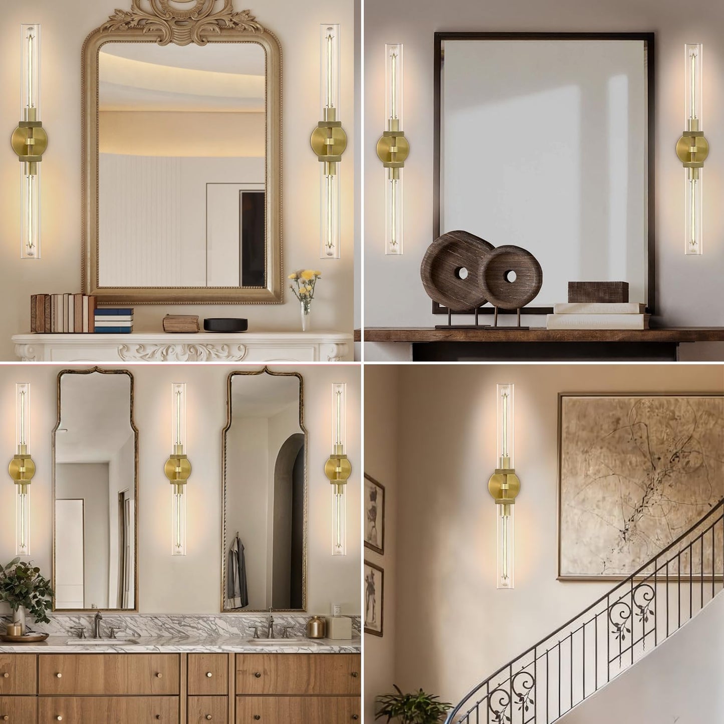 Brass Wall Sconces Set of Two, 19" Knurled Gold Sconces Wall Lighting, Tube Glass Bathroom Sconces Wall Lights for Bedroom Living Room Vanity Sconce Wall Lamp for Hallway, Staircase