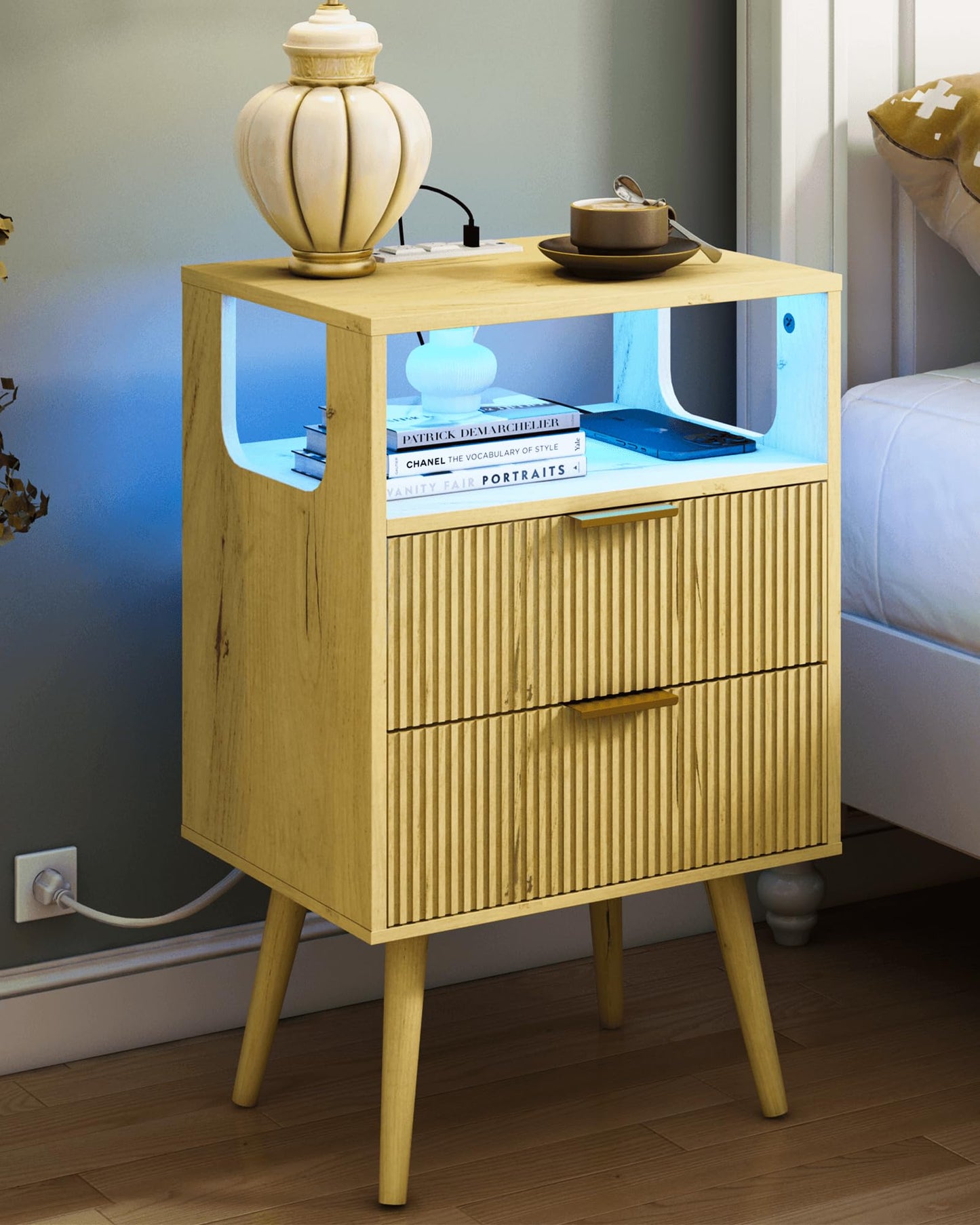 Nightstand with Charging Station and LED Lights,Modern Bedside Table with 2 Storage Drawer and Open Wood Shelf, for Bedroom and Small Spaces,Night Stand with Solid Wood Legs,GreyOak
