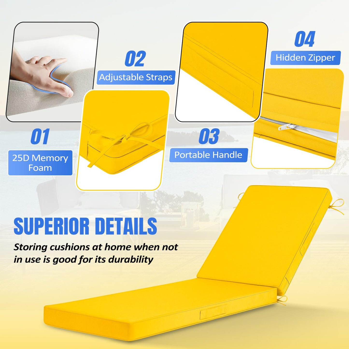 Basic Beyond Chaise Lounge Cushions Outdoor, 3-Layer Waterproof Outdoor Furniture Cushions with Removable Cover and 4 Ties, 72"x21"x3" Patio Lounge Chair Cushions for Outdoor Furniture, Yellow