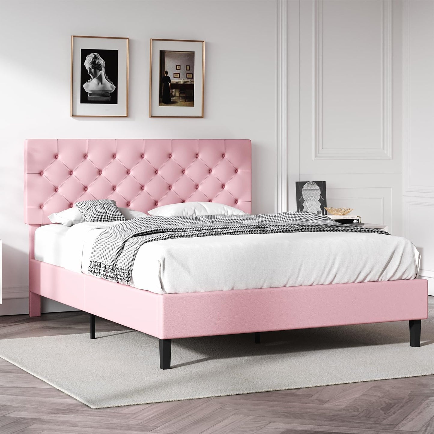 Queen Bed Frame with Headboard, Faux Leather Upholstered Platform Bed Frame, Blue Bed Frame Queen Size, Wooden Slat Support, No Box Spring Needed, Navy Blue
