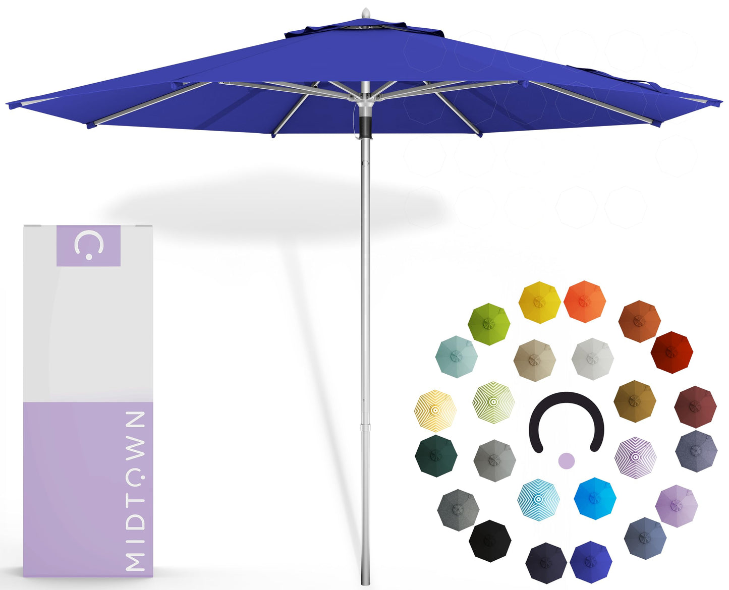 Midtown Umbrellas Push and Pop 9 Feet Outdoor Umbrella With Terylast Black/White Stripes Polyester Fabric - Fiberglass Ribs Deck Patio, Backyard, Garden & Pool - Silver Pole